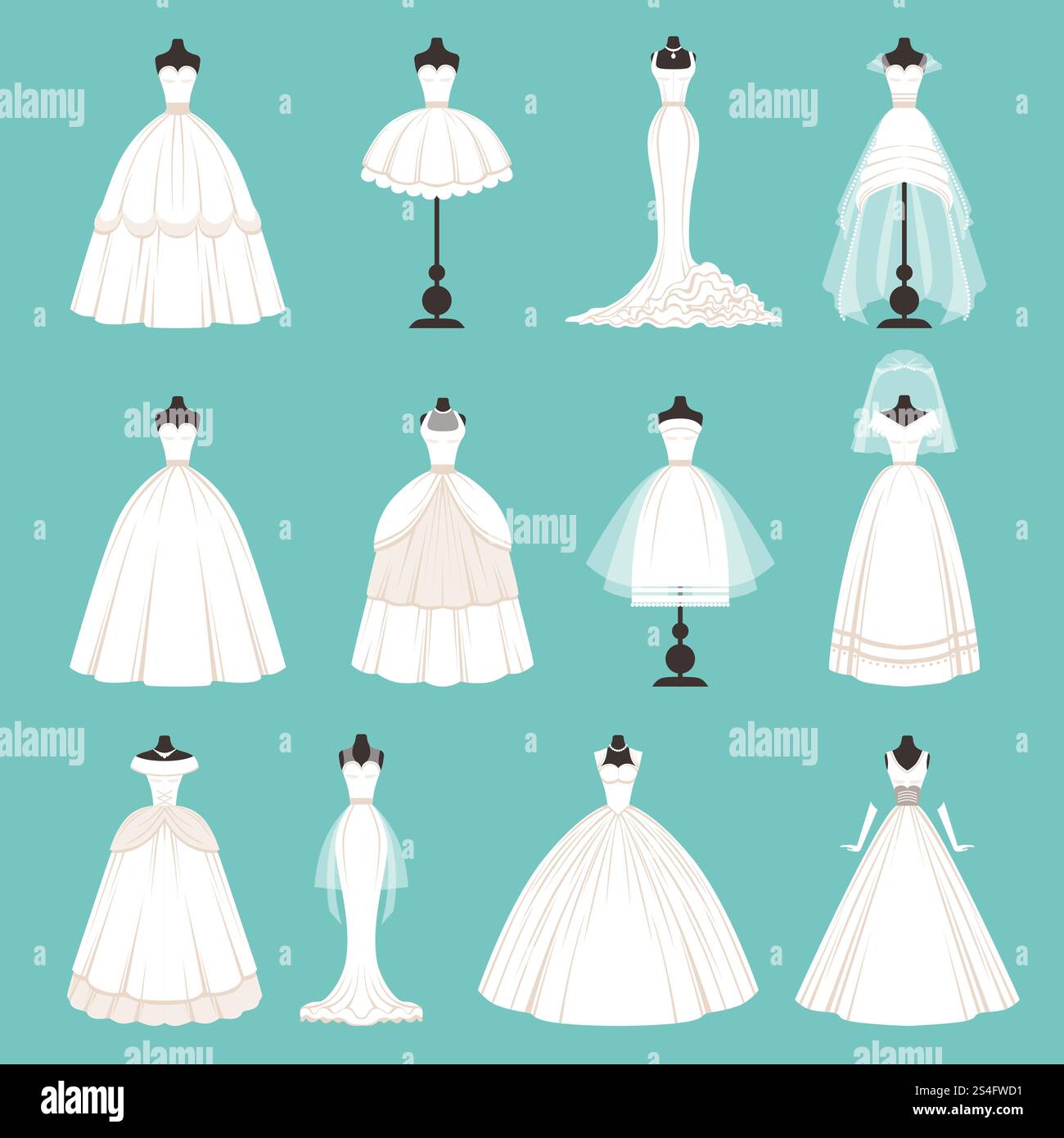 Stili diversi di abiti da sposa. Illustrazione vettoriale in stile cartone animato. Abito da sposa con velo. Stili diversi di abiti da sposa. Illustrazione vettoriale in stile cartone animato Illustrazione Vettoriale