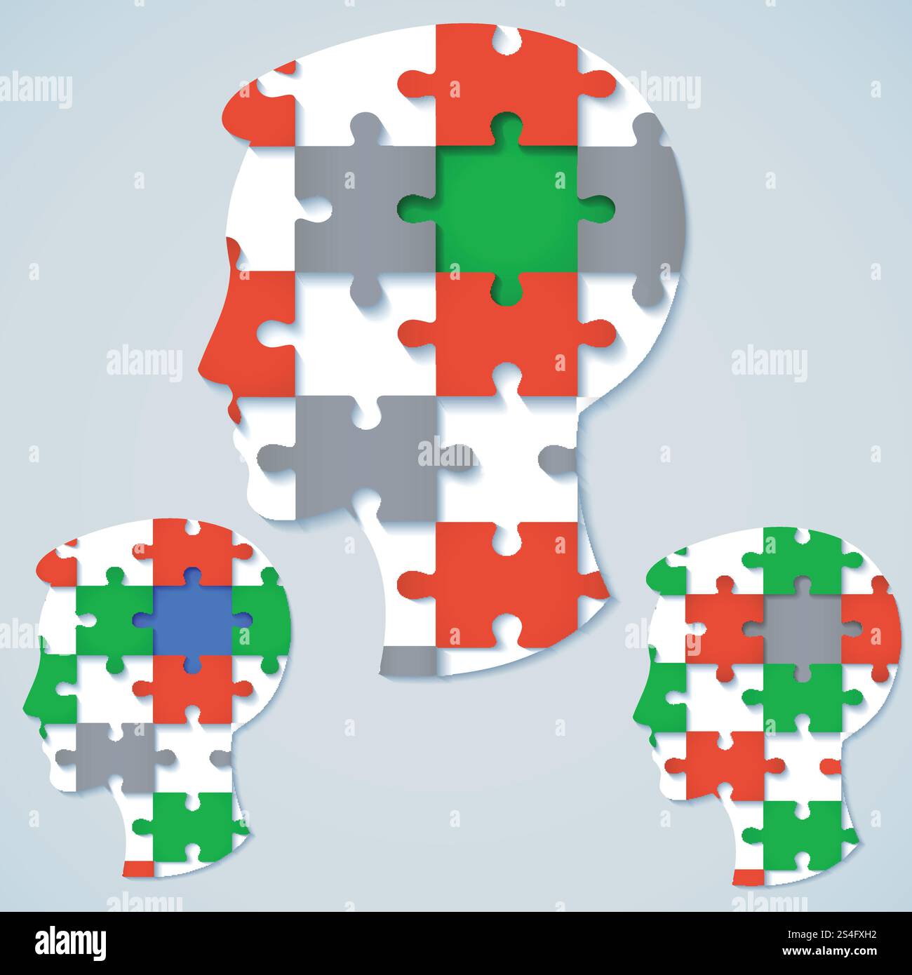Set di volti umani in forma di puzzle con parti colorate. Concetto di business Illustrazione Vettoriale