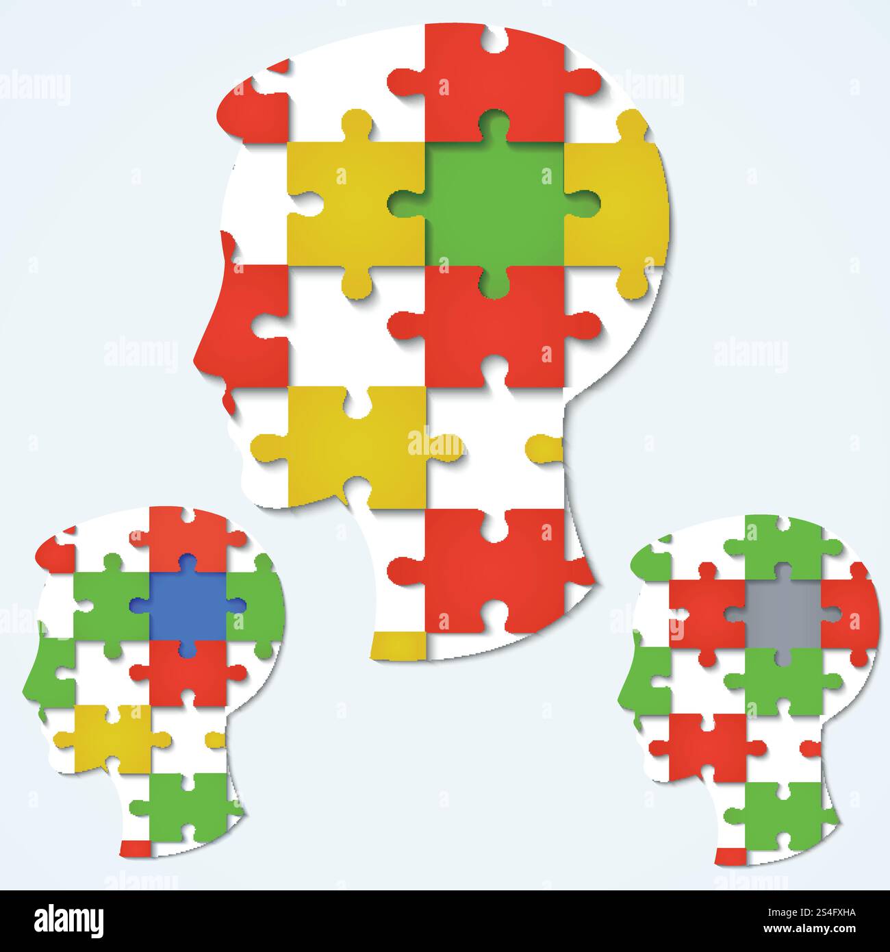 Set di immagini di un volto umano sotto forma di puzzle con parti colorate. Concetto di business Illustrazione Vettoriale