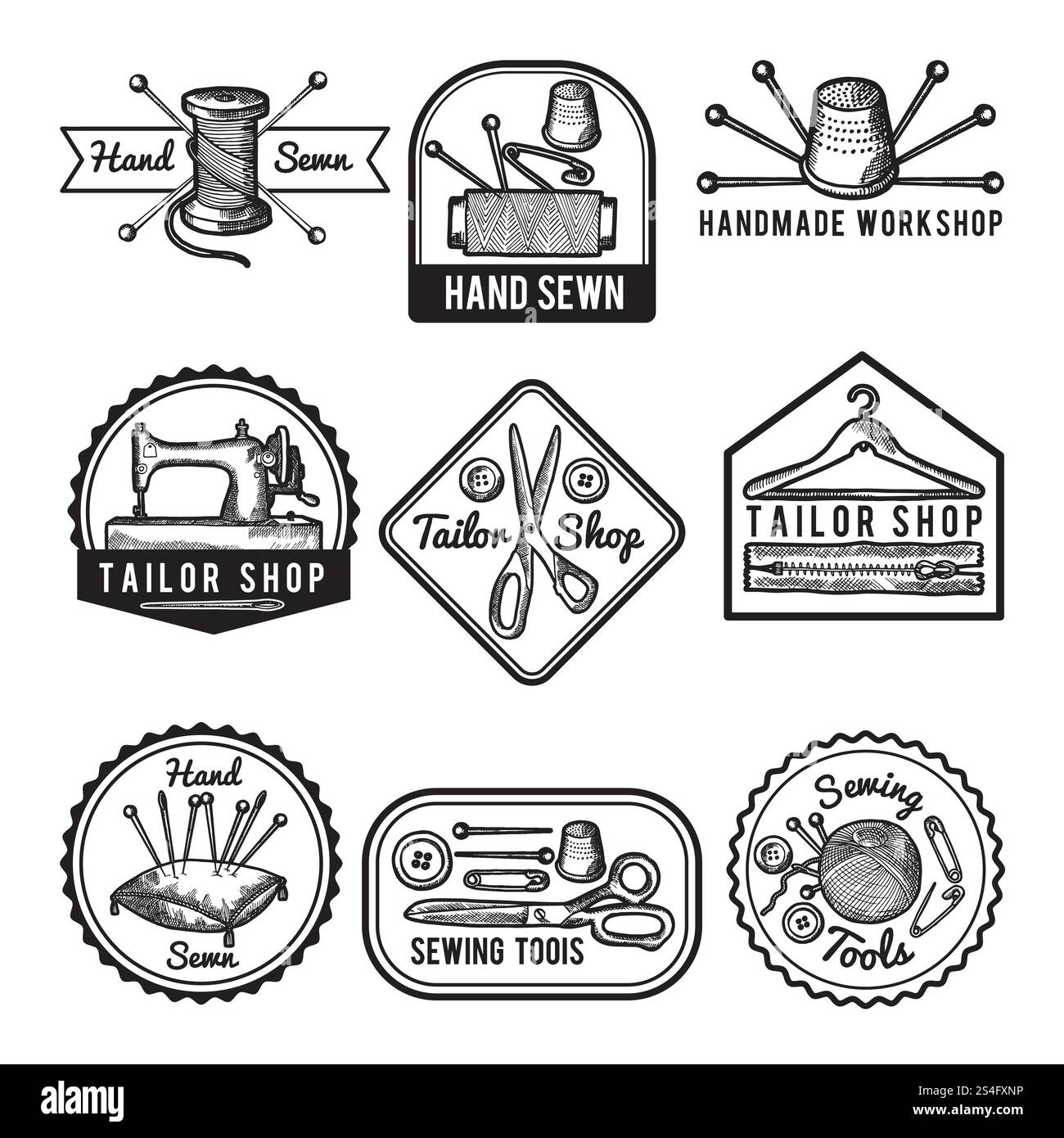 Diverse etichette monocromatiche per cucire o su misura. Cucito e fatto a mano, distintivo dell'officina. Illustrazione vettoriale. Diverse etichette monocromatiche per cucire o su misura Illustrazione Vettoriale