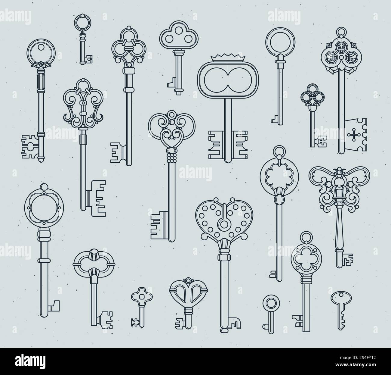 Set di chiavi antiche. Illustrazioni vettoriali medievali disegnate a mano di vecchi oggetti isolati su bianco. Raccolta di tasti retrospettivi del profilo. Set di chiavi antiche. Illustrazioni vettoriali medievali disegnate a mano di vecchi oggetti isolati su bianco Illustrazione Vettoriale