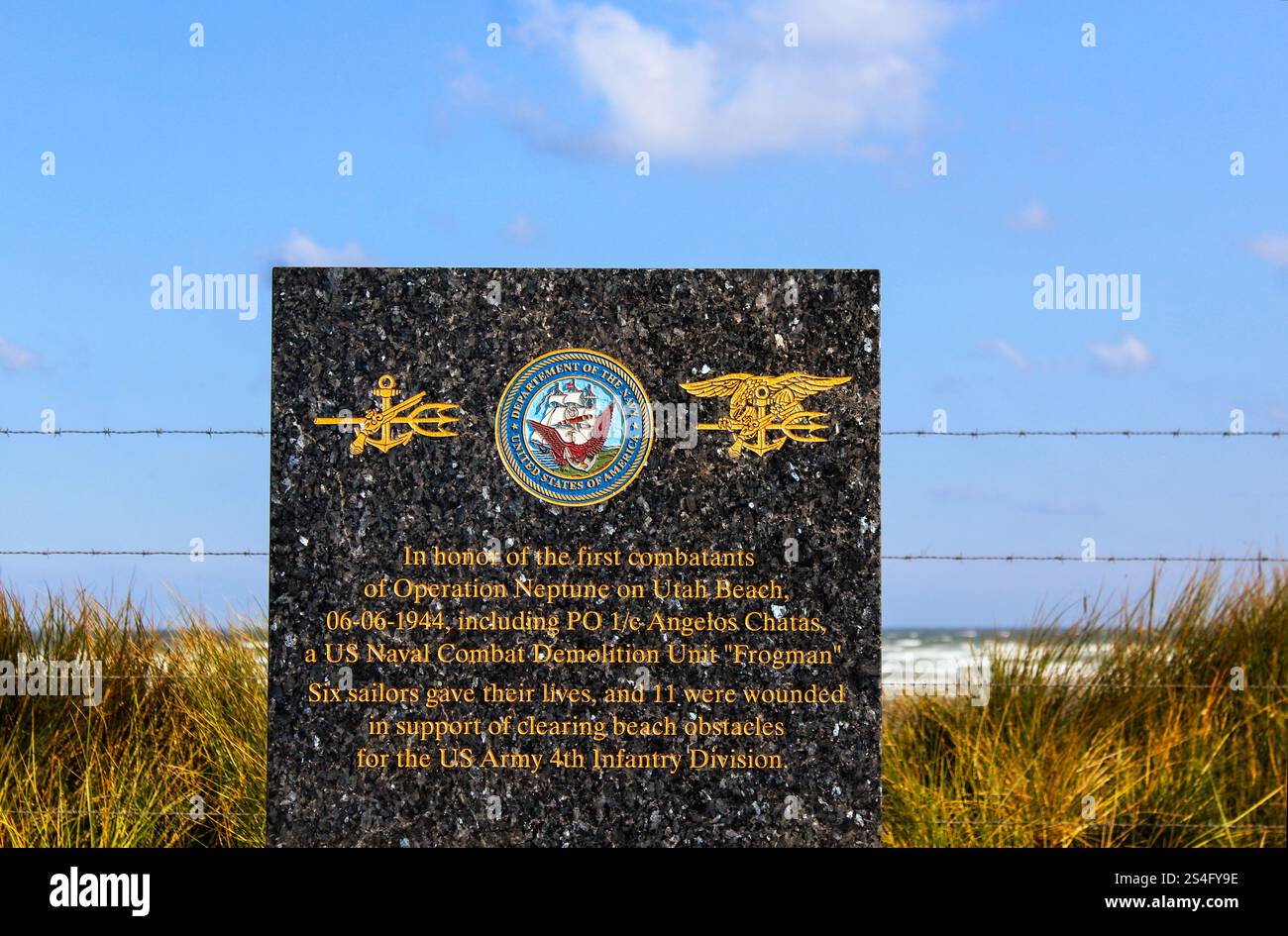 Denkmal für die Soldaten US Navy, 4th Infanterie Division, der Operation Neptune AM 06. Juni 1944, Am Strand des Utah Beach, Normandie, Frankreich. Foto Stock