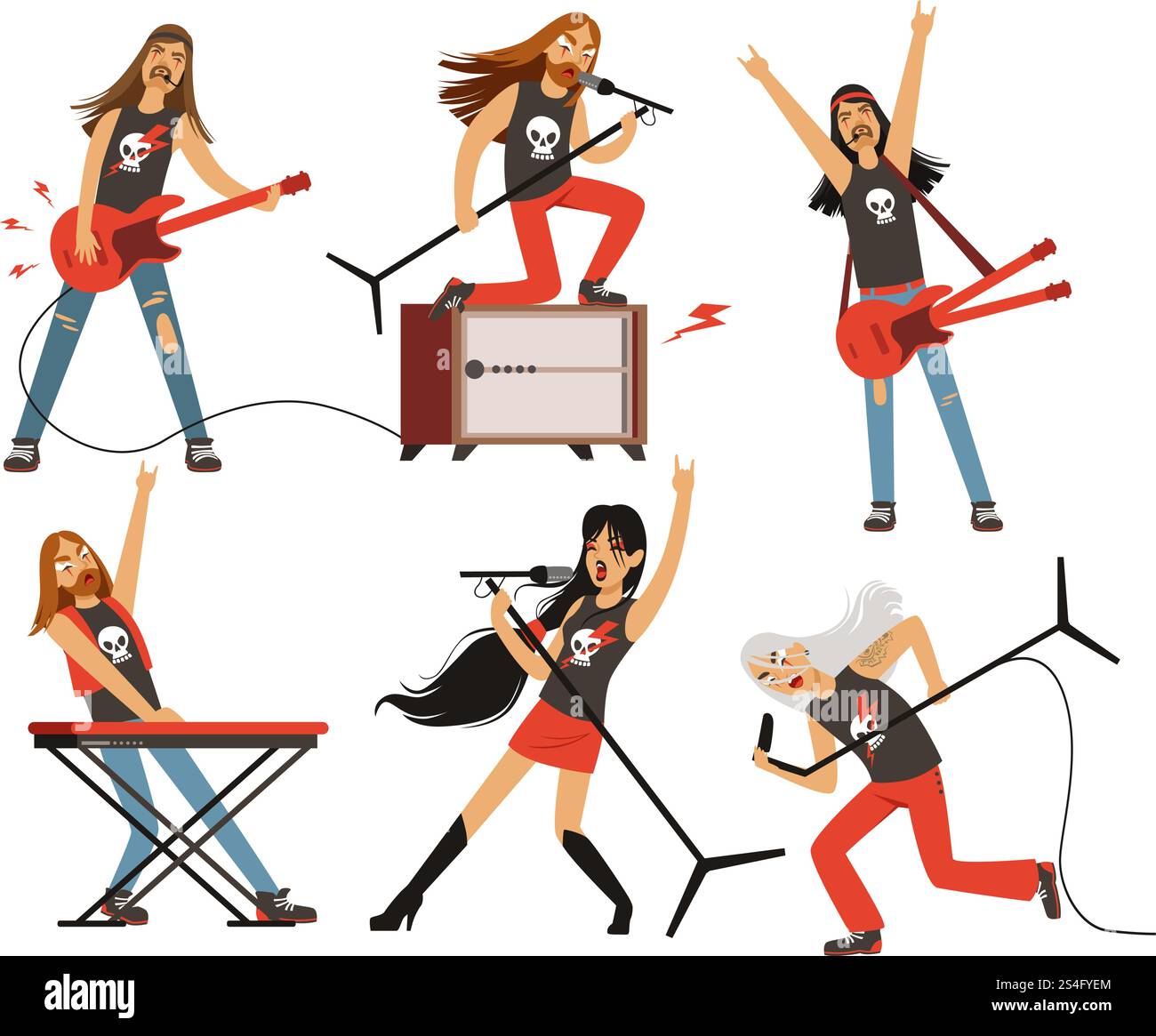 Chitarra, amplificatore e altre apparecchiature musicali. Personaggi rock o pop band. Set di illustrazioni vettoriali. Concerto di rock band con strumento musicale. Chitarra, amplificatore e altre apparecchiature musicali. Personaggi rock o pop band. Set di illustrazioni vettoriali Illustrazione Vettoriale