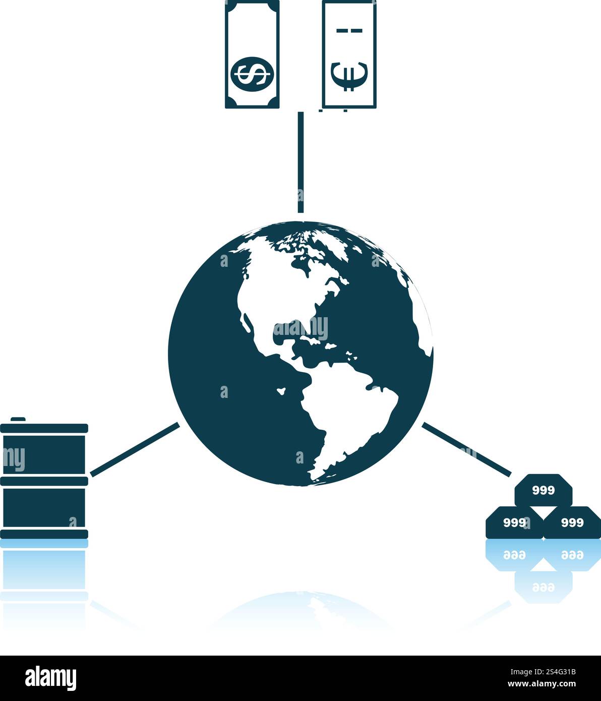 Olio, dollaro e oro con planet concetto icona. Ombra di design di riflessione. Illustrazione Vettoriale. Illustrazione Vettoriale