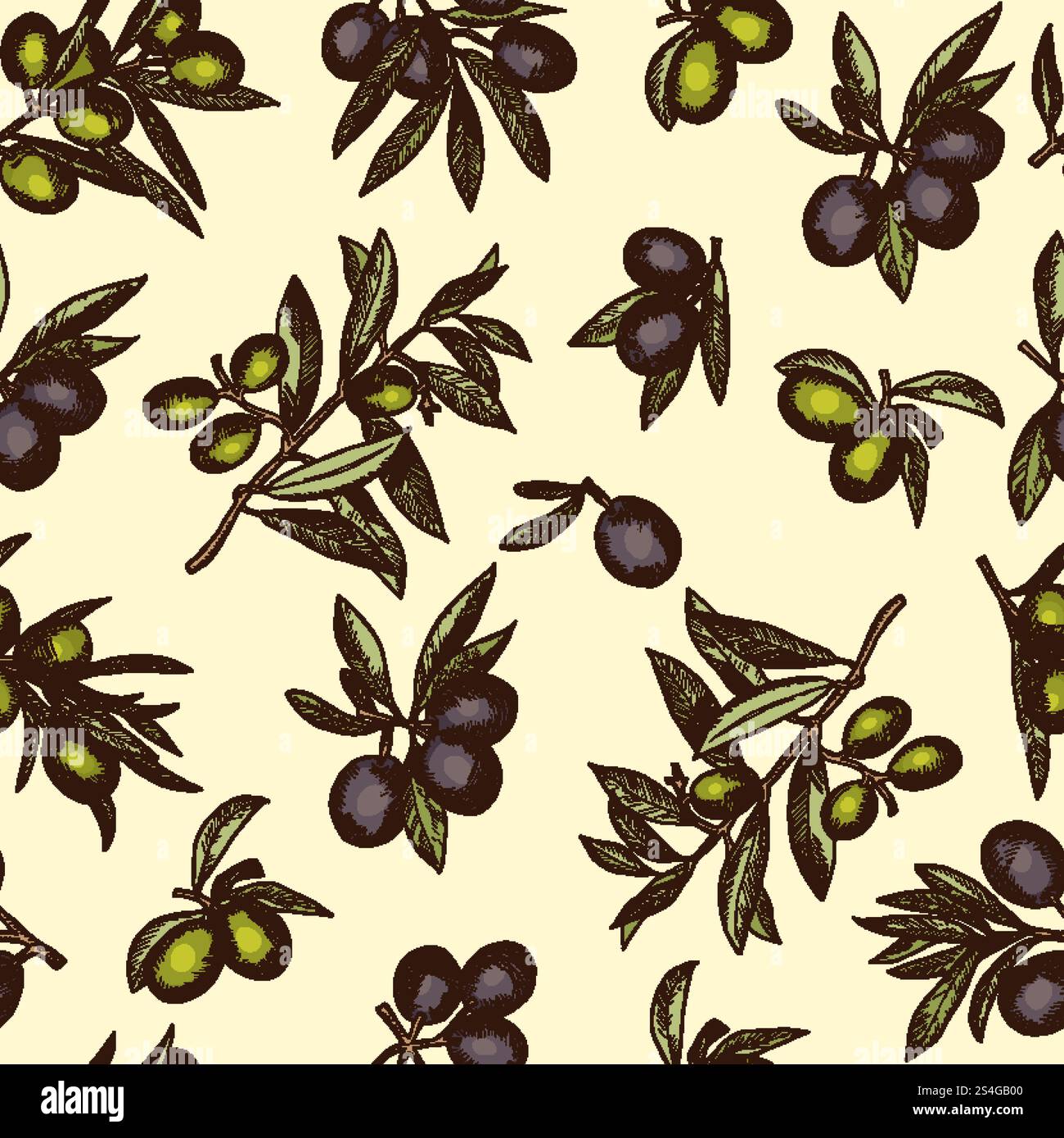 Modello senza cuciture con diversi prodotti di oliva e alimenti salutari. Avvolgere le immagini per la progettazione delle confezioni. Ramoscello d'oliva senza cuciture. Illustrazione vettoriale. Modello senza cuciture con diversi prodotti di oliva e alimenti salutari. Avvolgere le immagini per la progettazione delle confezioni Illustrazione Vettoriale