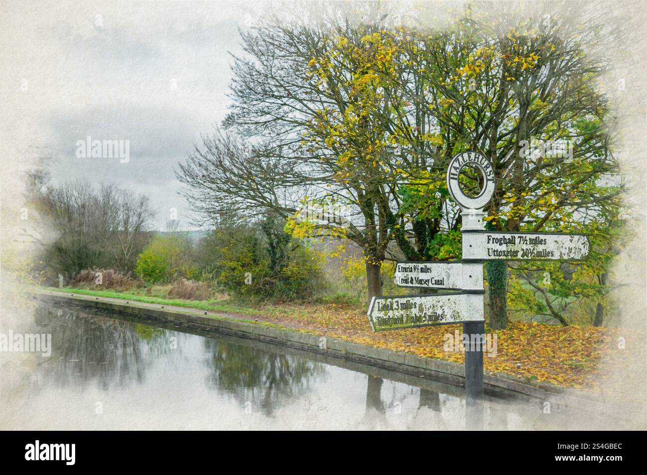 Pittura digitale ad acquerello dei cartelli indicanti la distanza all'incrocio Hazlehurst sul canale di Caldon, Staffordshire, Inghilterra, Regno Unito. Foto Stock