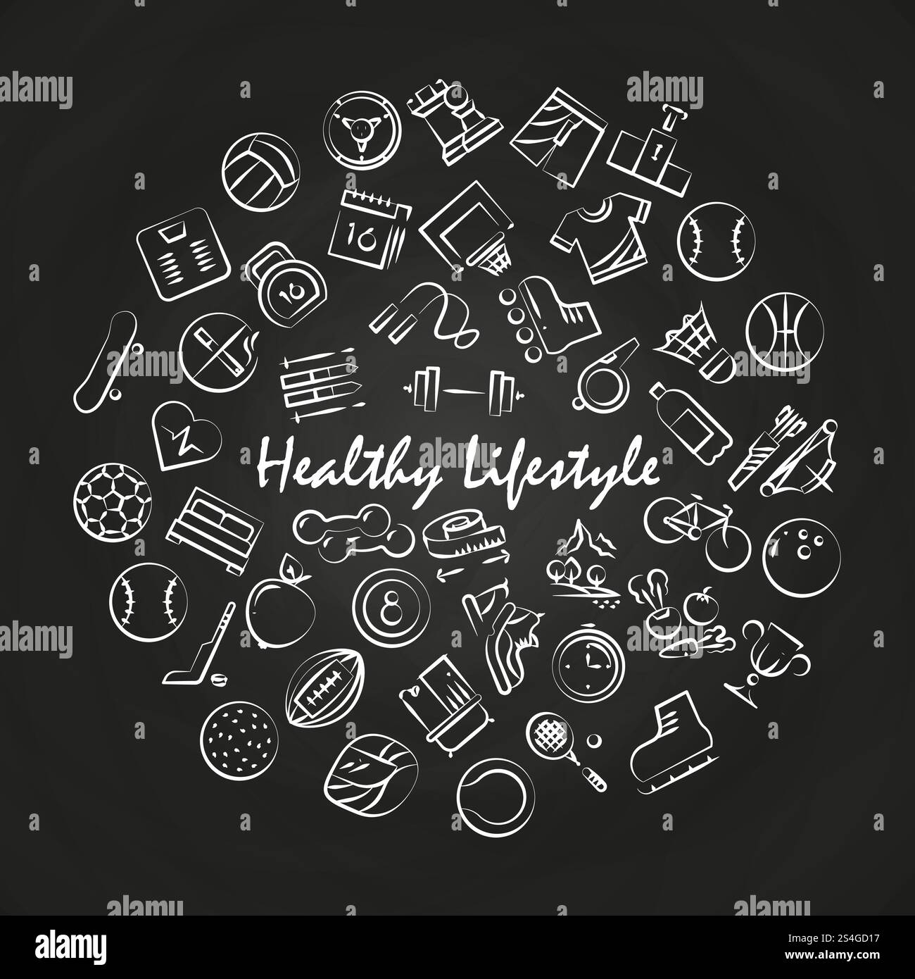 Stile di vita sano concetto rotondo su lavagna con icone lineari. Illustrazione vettoriale. Stile di vita sano concetto rotondo sulla lavagna Illustrazione Vettoriale