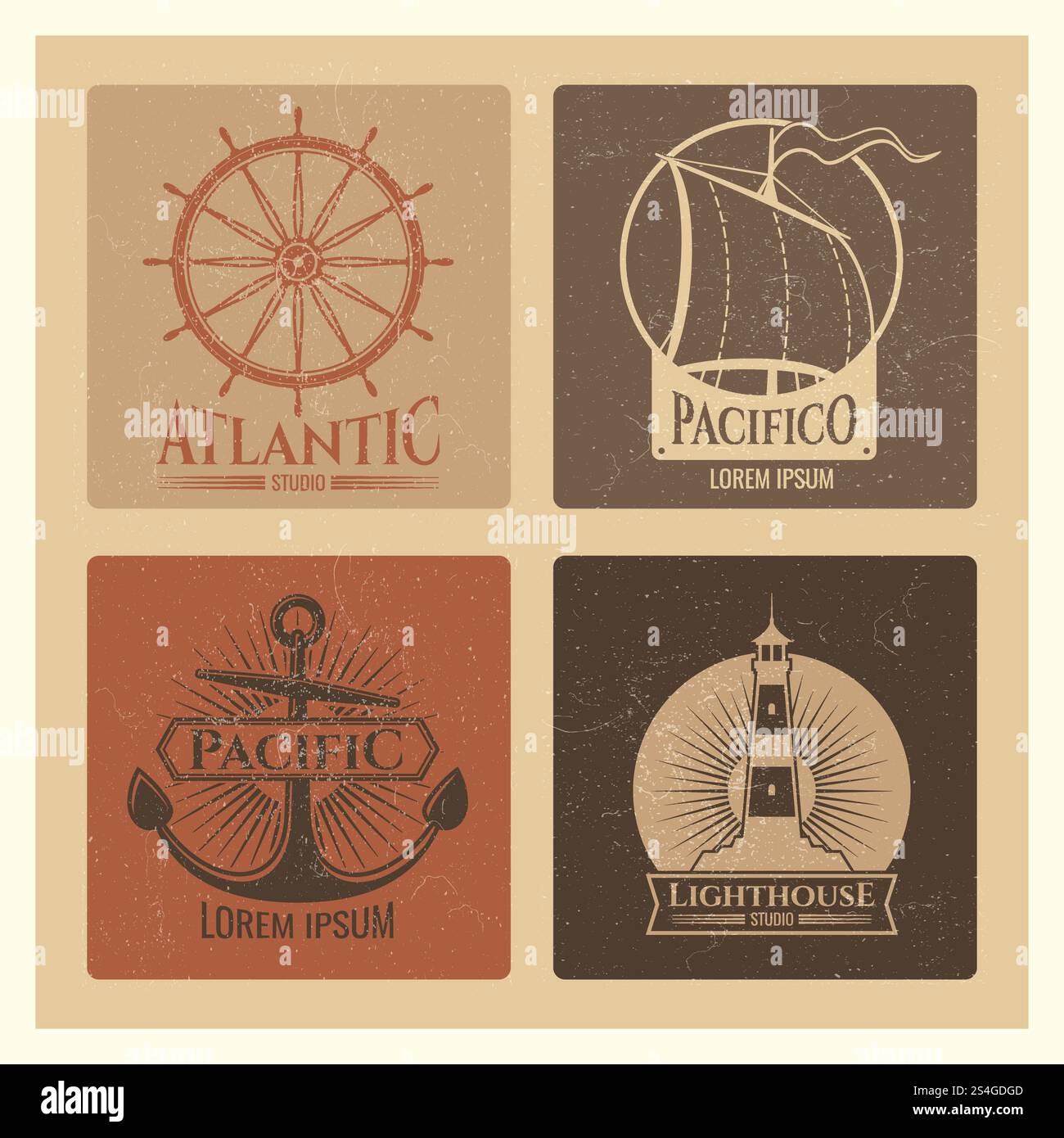 Etichette nautiche d'epoca con light House, barca e ancore. Vecchi striscioni blu scuro. Illustrazione vettoriale. Etichette nautiche d'epoca con light House, barca e ancore Illustrazione Vettoriale