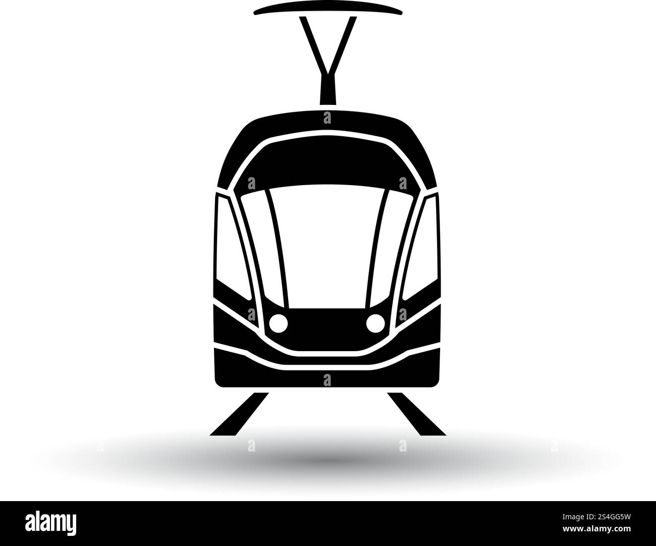 Icona del Tram vista frontale. Nero su sfondo bianco con ombra. Illustrazione Vettoriale. Illustrazione Vettoriale
