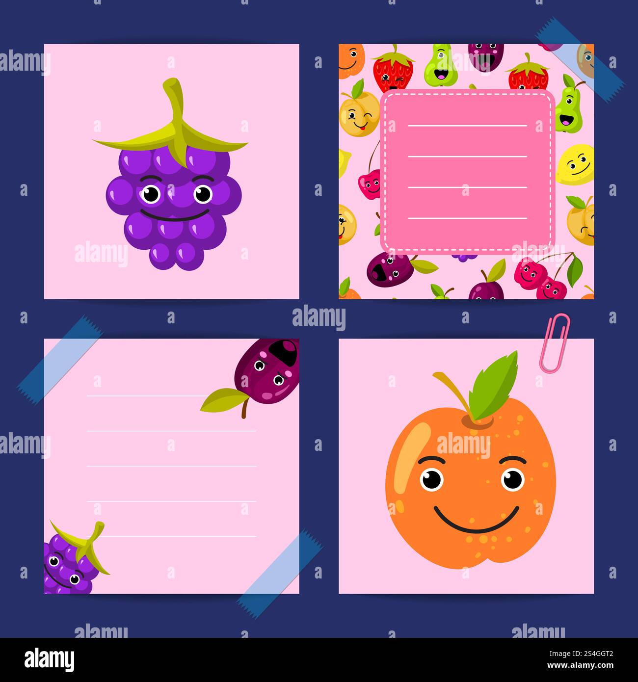 Vettoriale piatto arancione, mora, prugna con volti e modelli di nota impostati. Scheda illustrativa e banner. Vettoriale piatto arancione, mora, prugna con volti e modelli di nota impostati Illustrazione Vettoriale