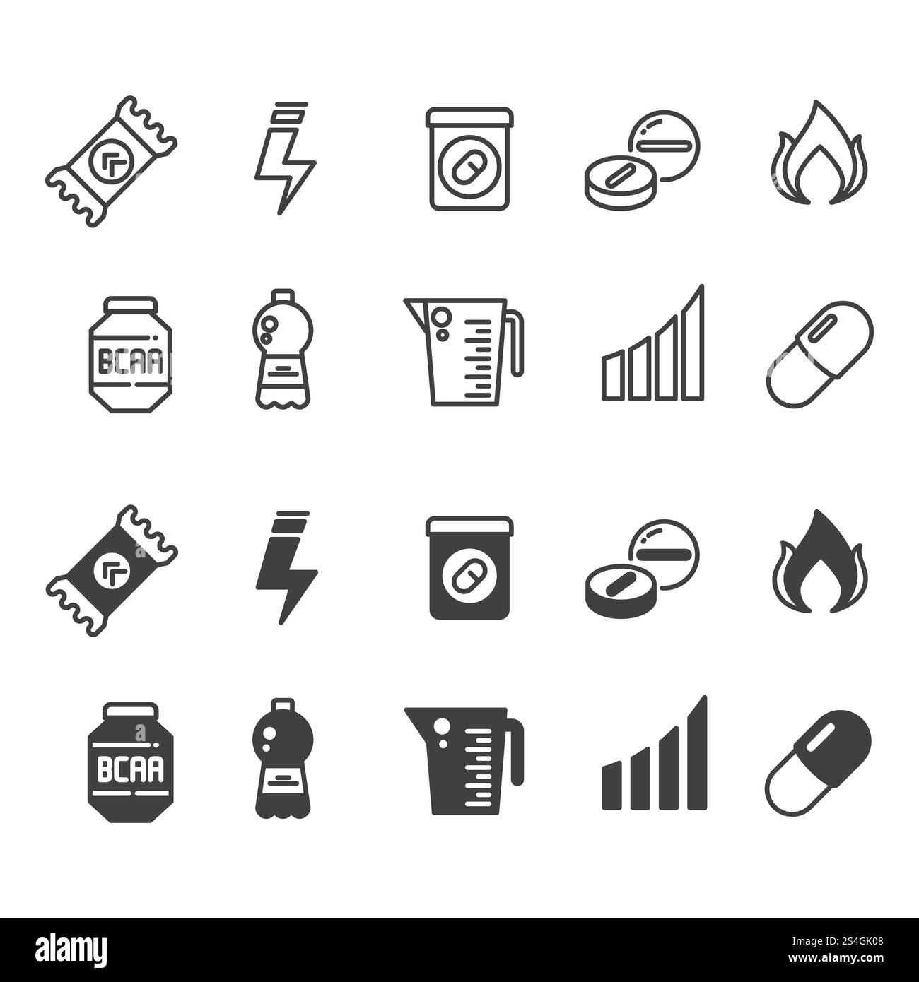 Sport integra la linea di alimentazione, proteine e vitamine per la nutrizione sportiva e la collezione di icone di silhouette. Illustrazione vettoriale. Sport integra alimentazione, proteine e vitamine nutrizione sportiva Illustrazione Vettoriale