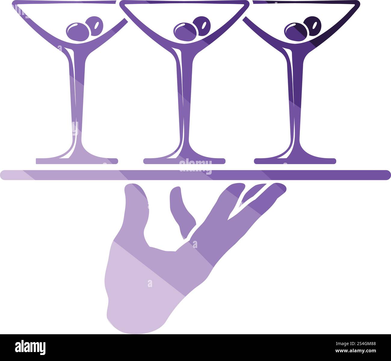 Cameriere mano tenendo il vassoio con bicchieri da martini icona. Schermo piatto a colori e design. Illustrazione Vettoriale. Illustrazione Vettoriale