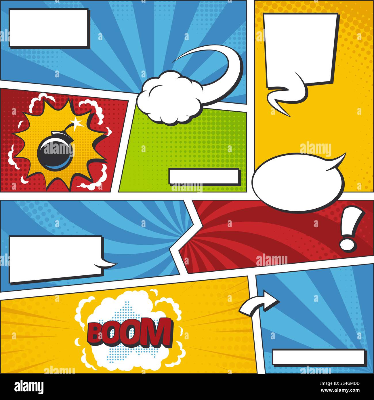 Set di cornici vettoriali per fumetti con bolle vocali. Modello pagina fumetti. Mezzitoni del libro con illustrazione a fumetti. Set di cornici vettoriali per fumetti con bolle vocali. Modello pagina fumetti Illustrazione Vettoriale