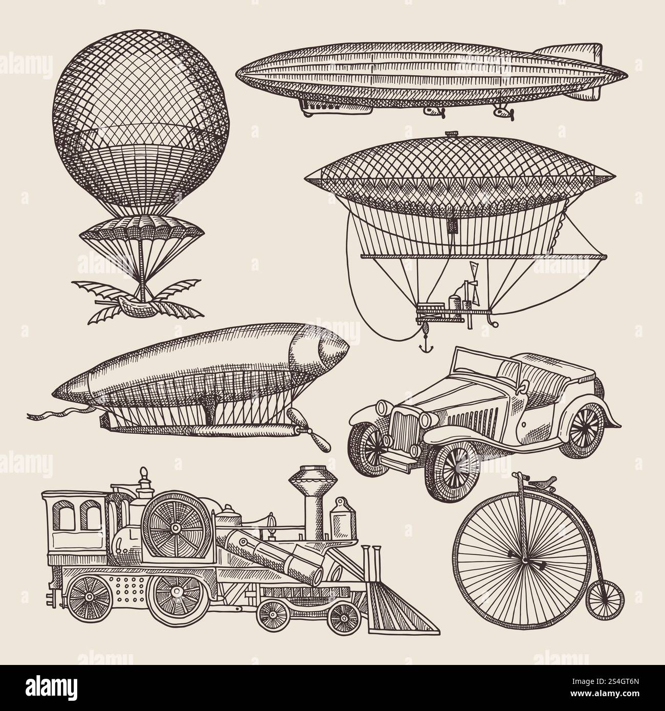 Illustrazioni dei diversi trasporti retrospettivi. Palloncini, zeppelin, macchine e altri. Illustrazioni disegnate a mano nel trasporto aereo steampunk zeppelin e velivoli, dirigibili e vettori a sfera. Illustrazioni dei diversi trasporti retrospettivi. Palloncini, zeppelin, macchine e altri. Illustrazioni disegnate a mano in steampunk Illustrazione Vettoriale