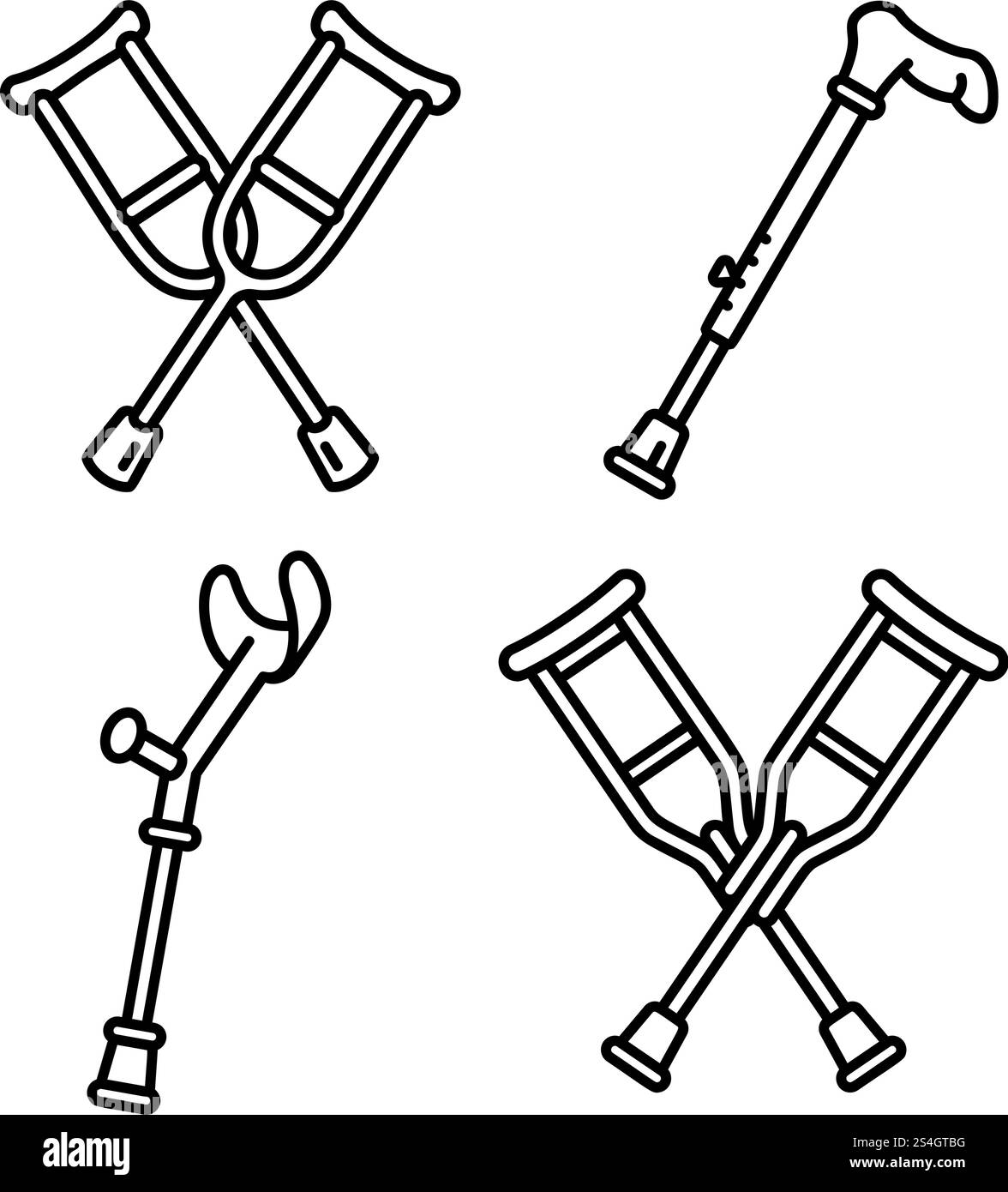 Set di icone delle stampelle. Contorno delle icone vettoriali delle stampelle per il web design isolato su sfondo bianco. Set di icone delle stampelle, stile del contorno Illustrazione Vettoriale