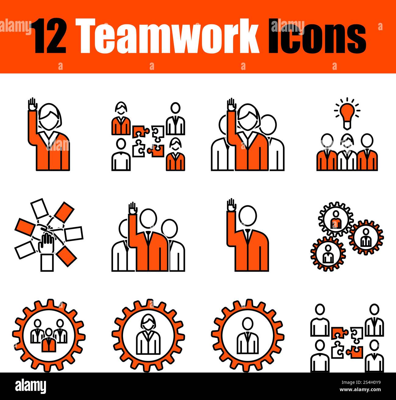 Set di 12 icone sul tema del lavoro di squadra. Linea sottile con disegno arancione. Completamente modificabile illustrazione vettoriale. Testo espanso. Illustrazione Vettoriale
