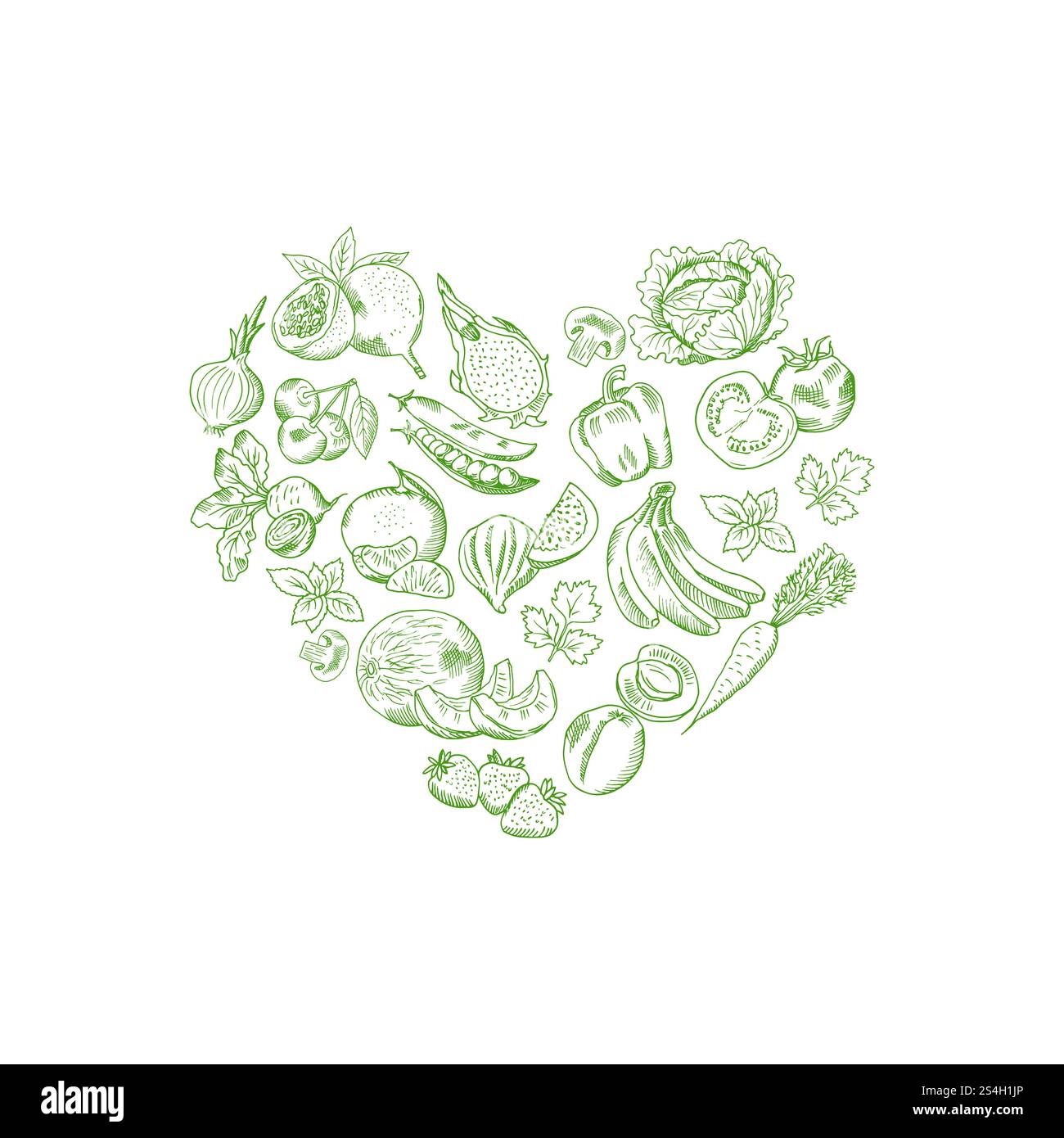 Vector ha disegnato verdure e frutta fresche a forma di illustrazione a cuore, poster Vegan. Il vettore ha disegnato verdure e frutta fresche insieme a forma di illustrazione a cuore Illustrazione Vettoriale