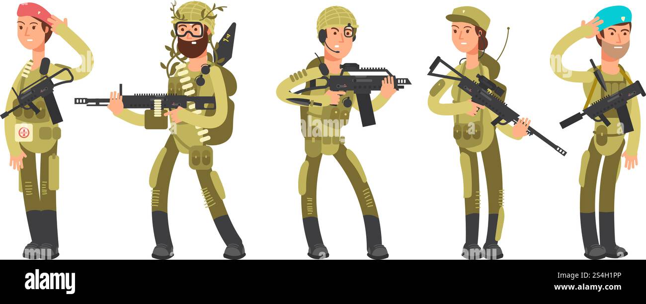 Soldati uomini e donne dei cartoni animati dell'esercito degli Stati Uniti in uniforme. Illustrazione del vettore di concetto militare. Professione di soldato americano, ufficiale e recluta. Soldati uomini e donne dei cartoni animati dell'esercito degli Stati Uniti in uniforme. Illustrazione del vettore di concetto militare Illustrazione Vettoriale