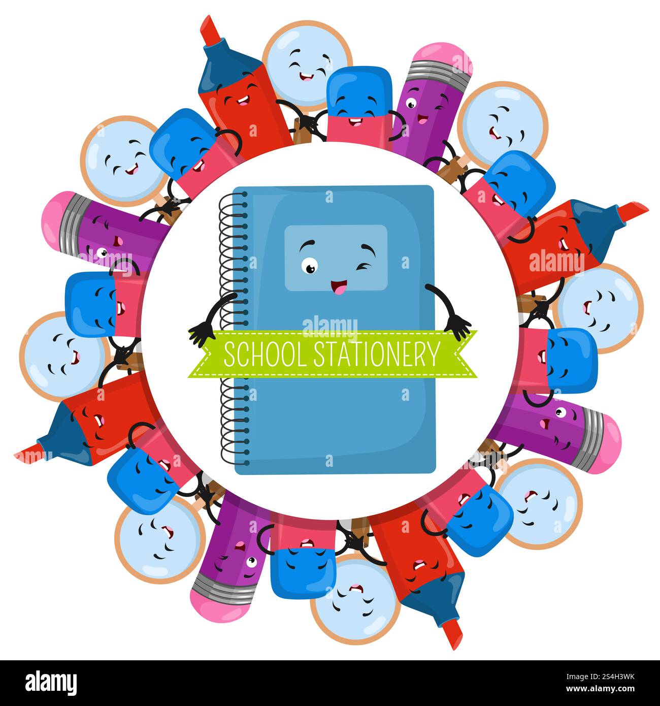 Grafica per striscioni rotondi di cancelleria scolastica - illustrazioni per appunti a matita vettoriali. Design per striscioni rotondi di cancelleria scolastica Illustrazione Vettoriale