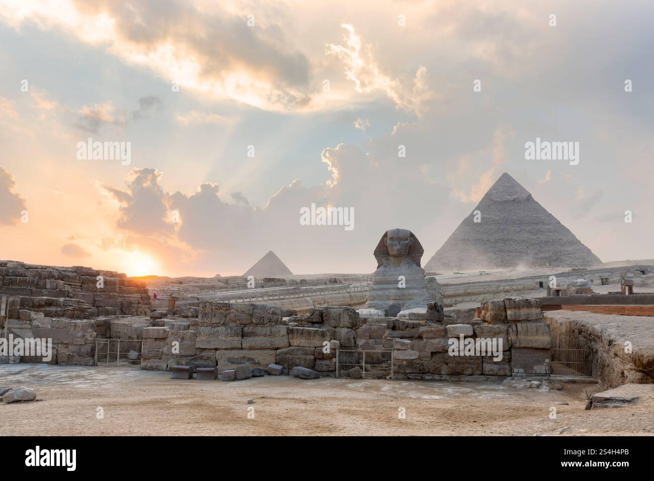 La Grande Sfinge dalle Piramidi d'Egitto, vista al tramonto, Giza Foto Stock