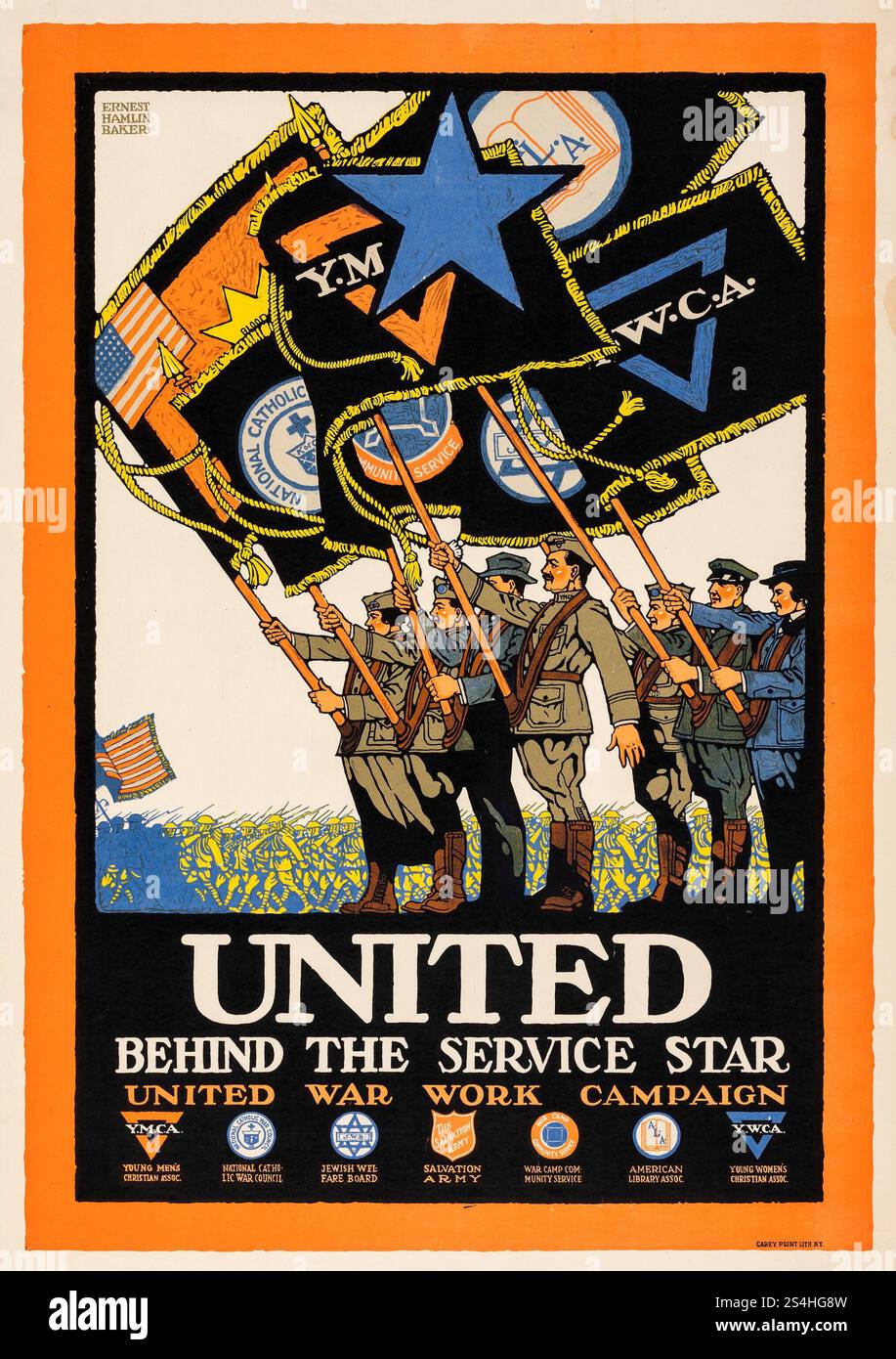 World War i Propaganda (c. 1918) poster americano - 'United Behind the Service Star' Ernest Hamlin Baker ArtWork - YMCA, Jewish Wellfare Board, Salvation Army - United War Work Campaign - prima guerra mondiale Foto Stock