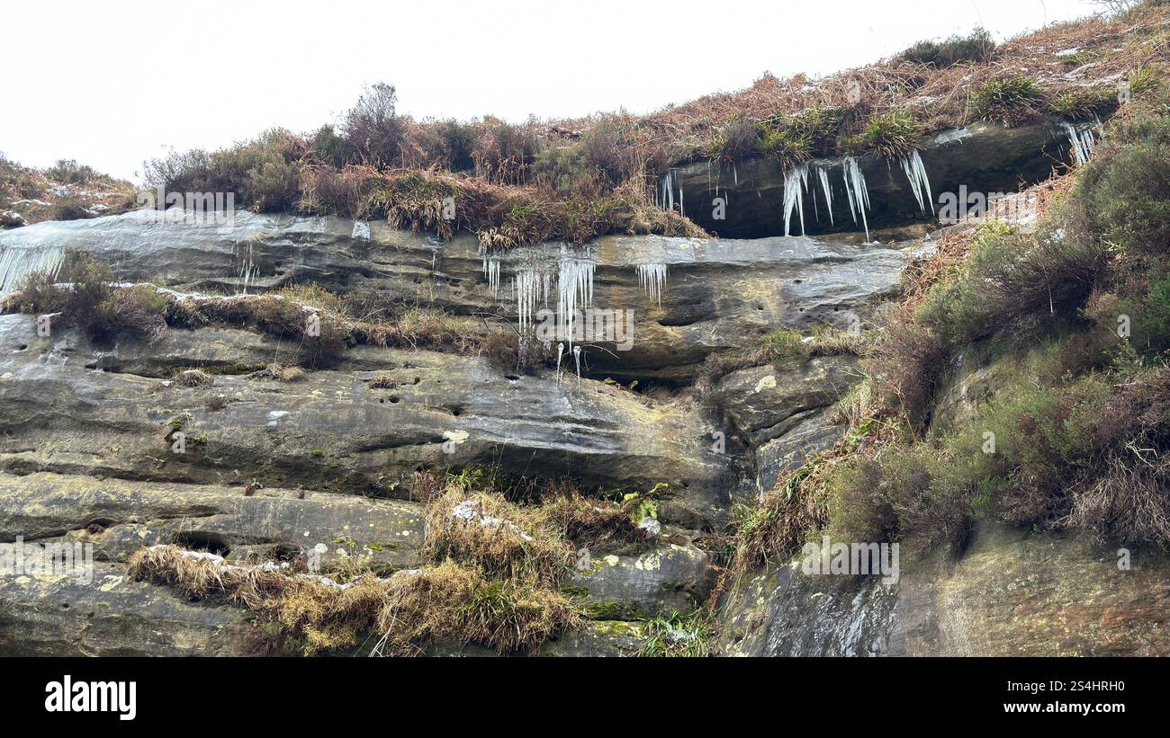 Ghiaccioli appesi alle cascate Glen vale nel cuore della Scozia. Glen vale tra le colline East e West Lomond. Ghiaccio e neve in inverno Foto Stock