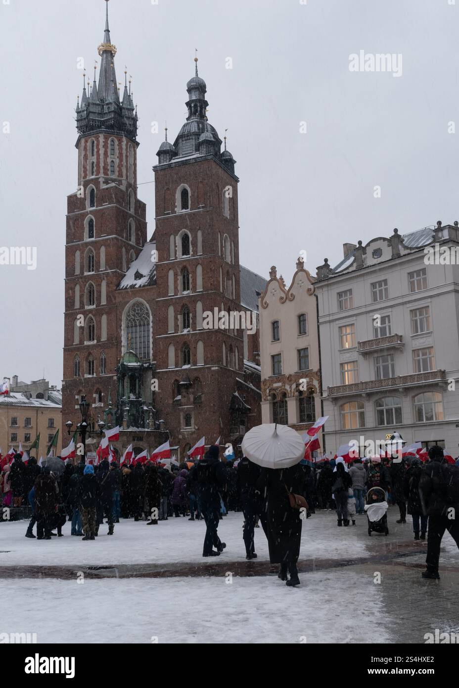 Manifestazione anti-aborto con manifestanti che tengono bandiere nazionali. Foto Stock