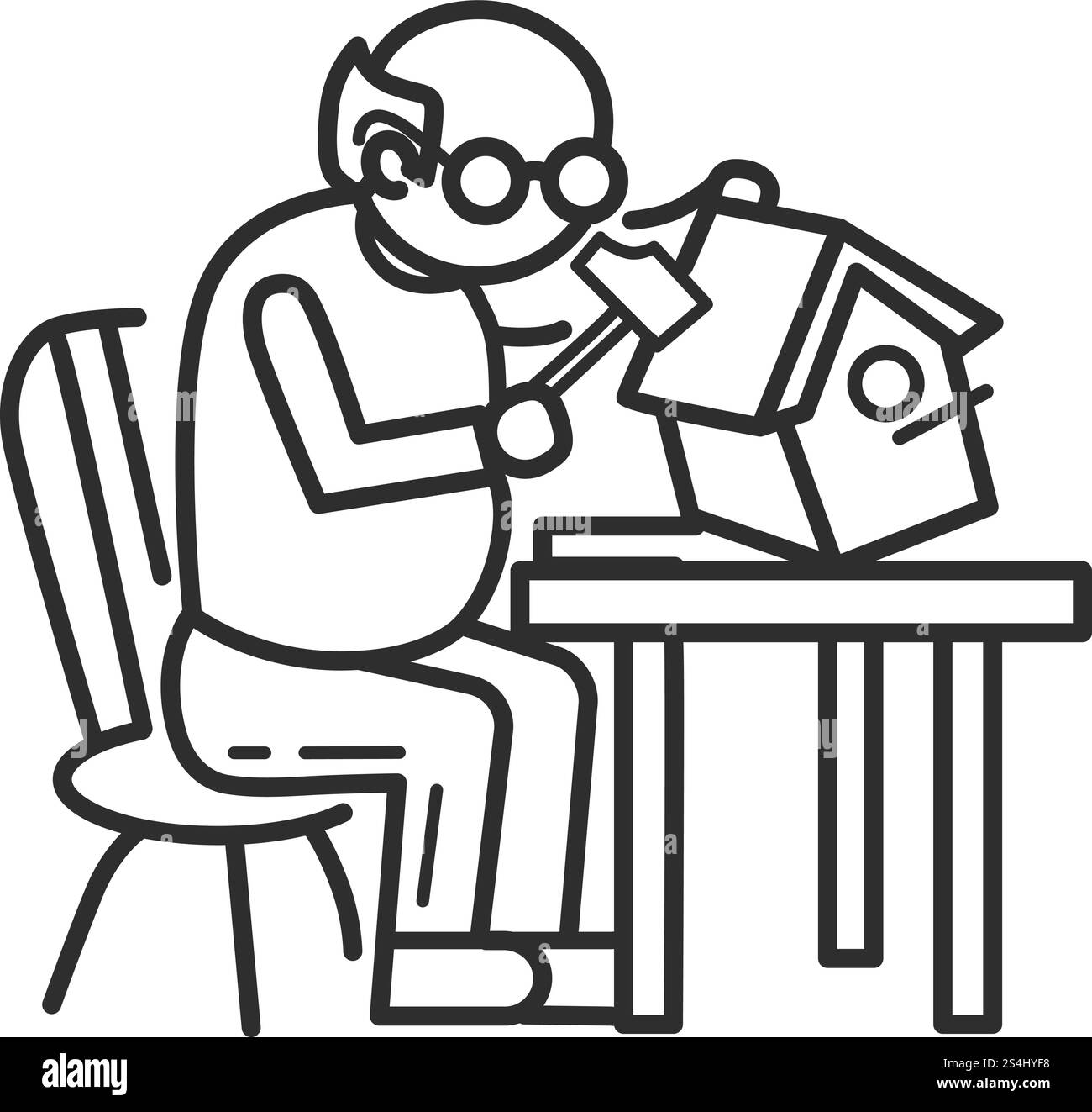 Background del concetto di lavoro in legno vecchio. Delineare lo sfondo del concetto del vettore di lavoro in legno di una persona anziana per il design del Web isolato su sfondo bianco. Sfondo del concetto di lavoro in legno vecchio, stile di contorno Illustrazione Vettoriale