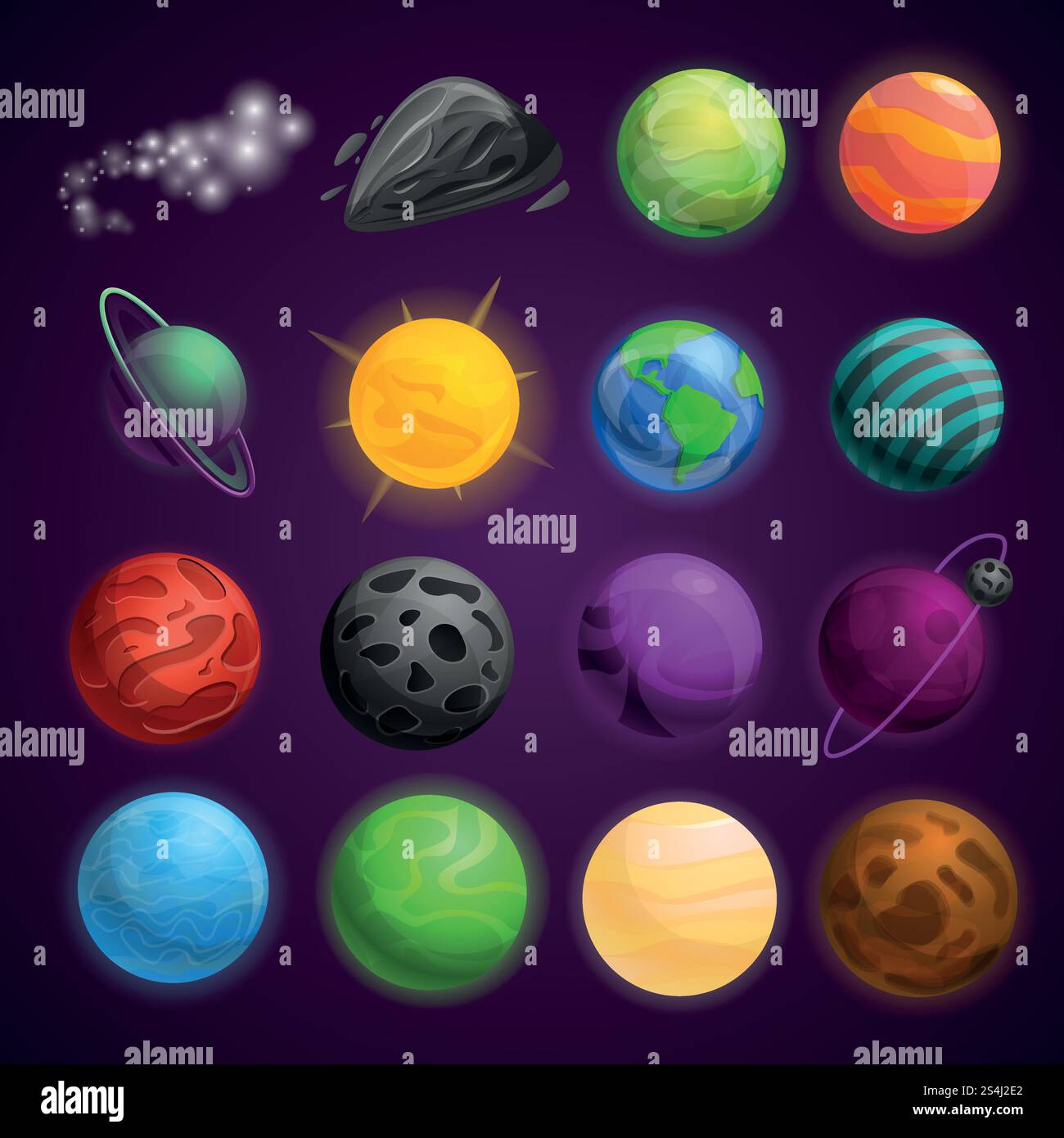 Insieme di icone spaziali dei pianeti. Serie di cartoni animati di pianeti icone vettoriali spaziali per il web design. Set di icone spaziali dei pianeti, stile cartoni animati Illustrazione Vettoriale