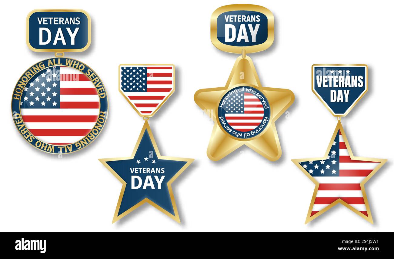 Set di logo Veterans Day. Illustrazione realistica del set di logo vettoriale per il giorno dei veterani per il web design. Set di logo Veterans Day, stile realistico Illustrazione Vettoriale