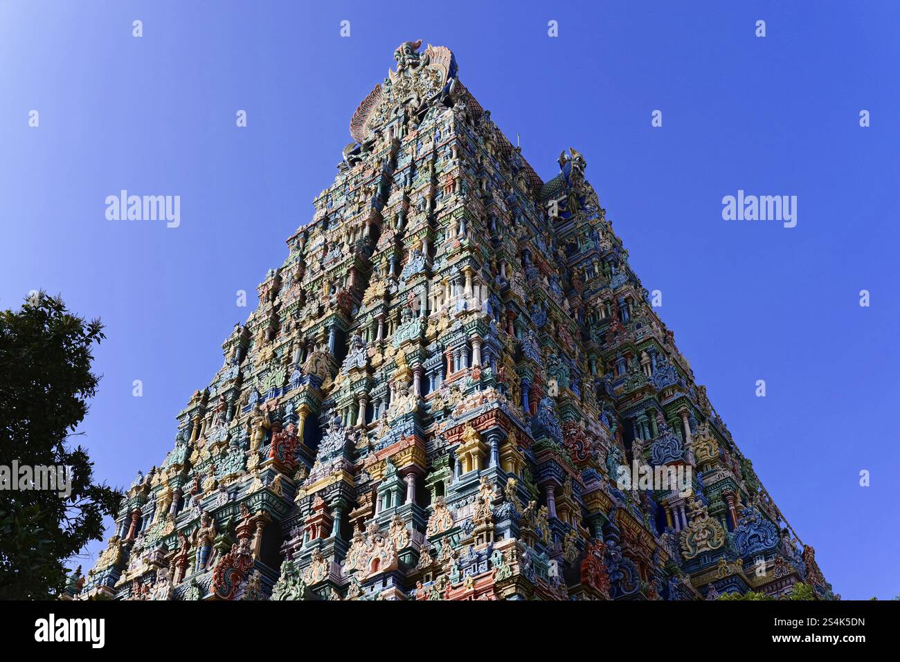 Dettaglio, Tempio di Minakshi, Madurai, Tamil Nadu, India meridionale, India, Asia, vista sublime di una magnifica torre del tempio indiano con elaborate incisioni, Imp Foto Stock