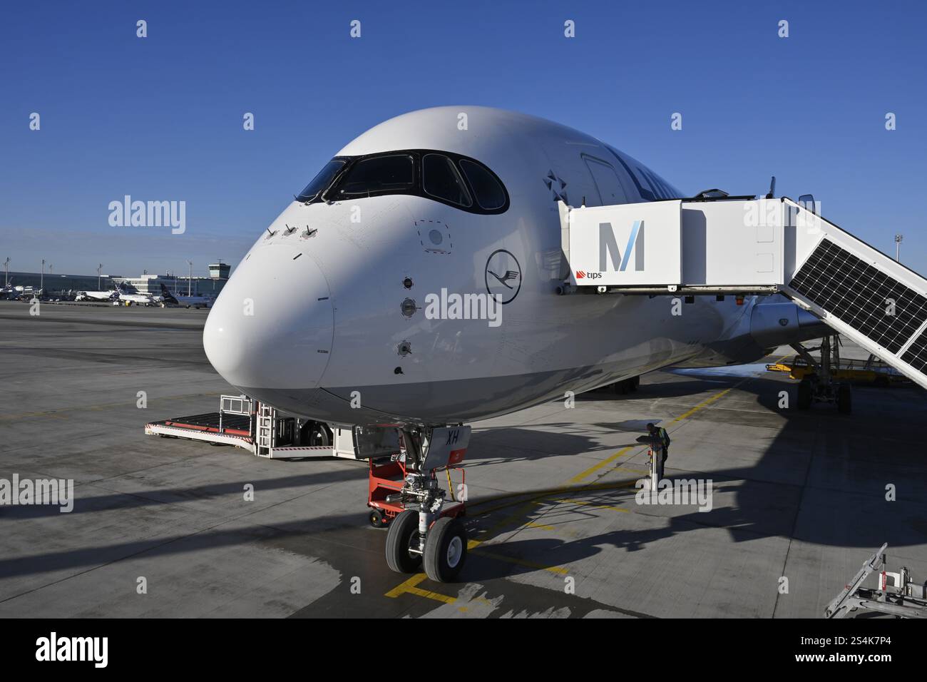 Lufthansa Airbus A350-900, cabina di pilotaggio e cabina con ponte di imbarco passeggeri al momento del check-in di fronte al Terminal 2 con cielo blu, Apron 2 East, T Foto Stock