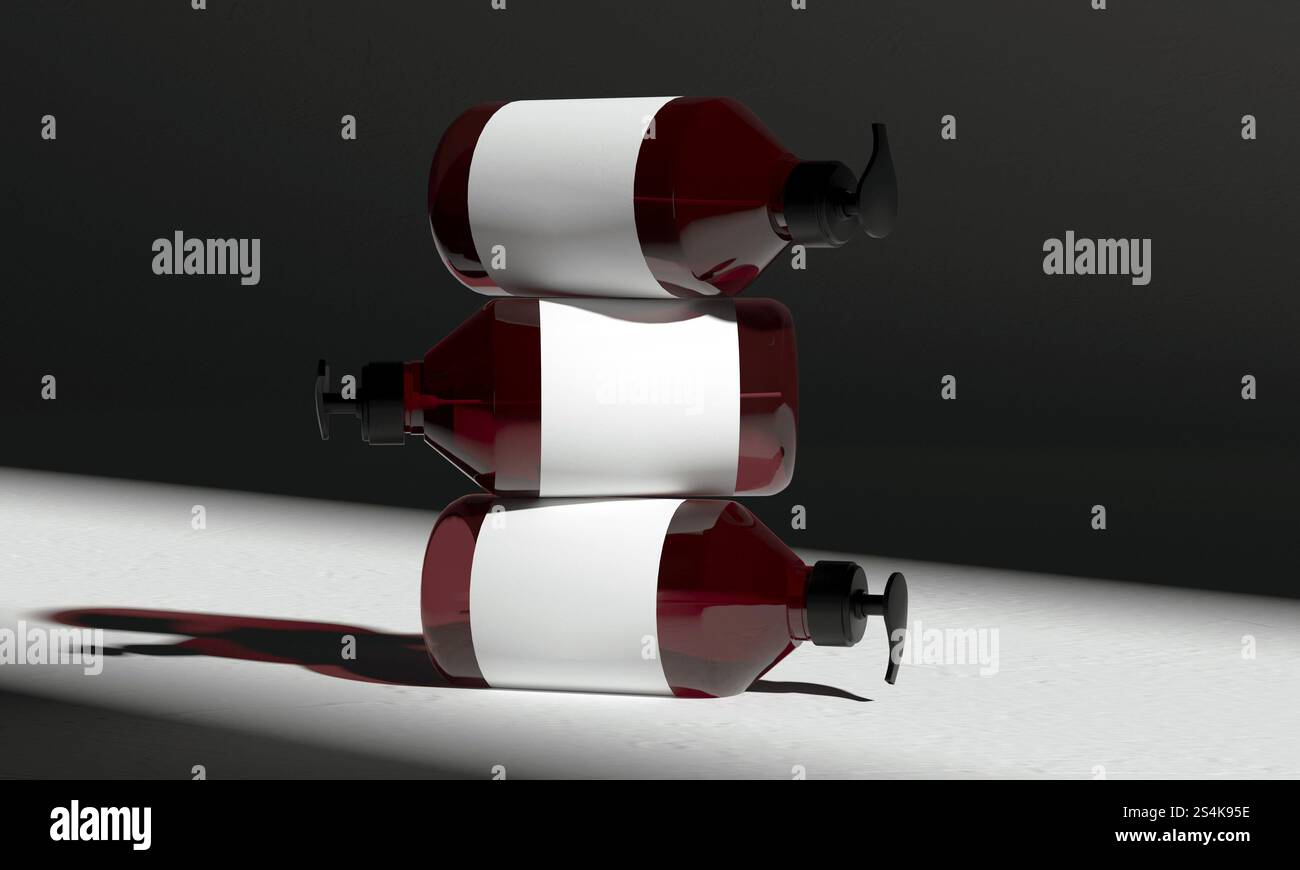Rendering 3d Mockup dei flaconi pompa color ambra scuro su sfondo minimalista Foto Stock