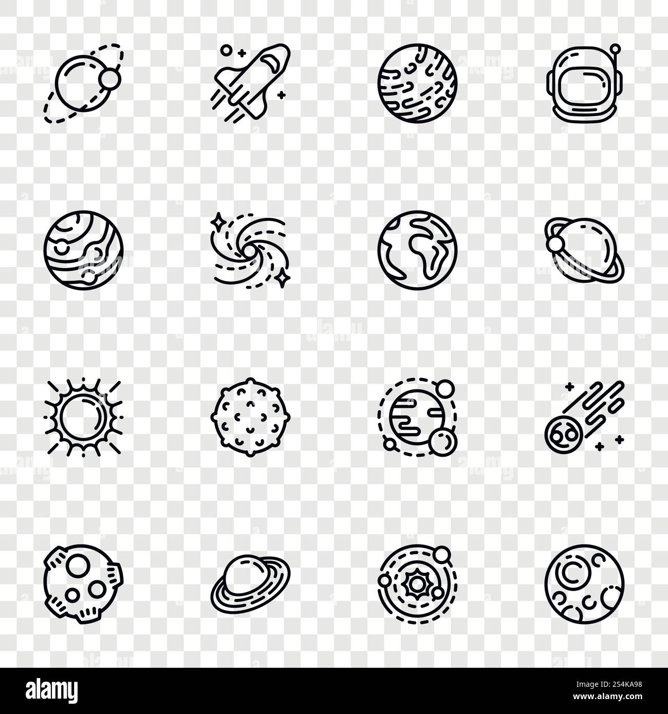 Insieme di icone pianeti. Delinea insieme di icone vettoriali pianeti per il web design. Insieme di icone pianeti, stile contorno Illustrazione Vettoriale