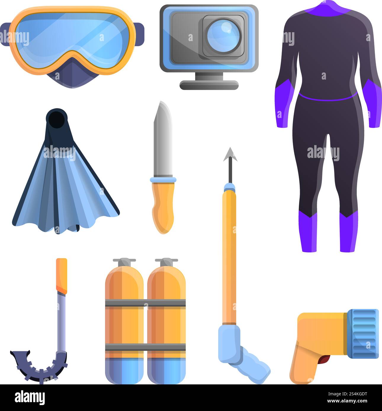 Set di icone dell'equipaggiamento da snorkeling. Set di cartoni animati di icone vettoriali dell'attrezzatura da snorkeling per la progettazione web. Set di icone dell'attrezzatura da snorkeling, stile cartoni animati Illustrazione Vettoriale