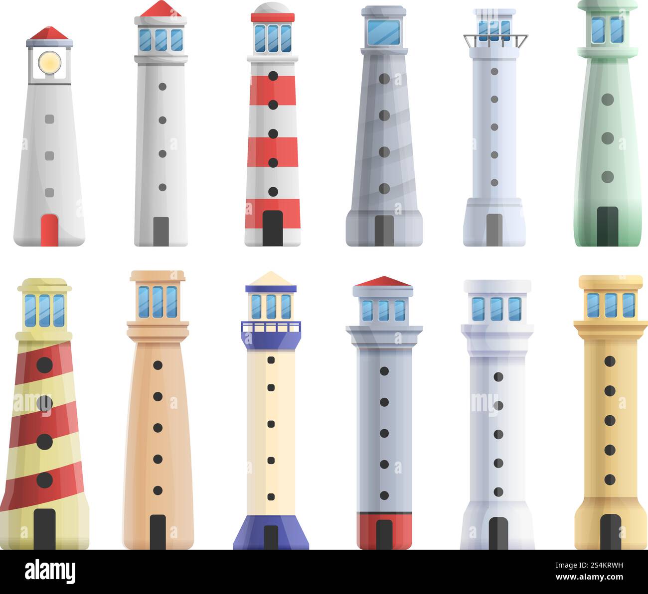 Set di icone faro. Set di cartoni animati con icone vettoriali per la progettazione Web. Set di icone faro, stile cartone animato Illustrazione Vettoriale