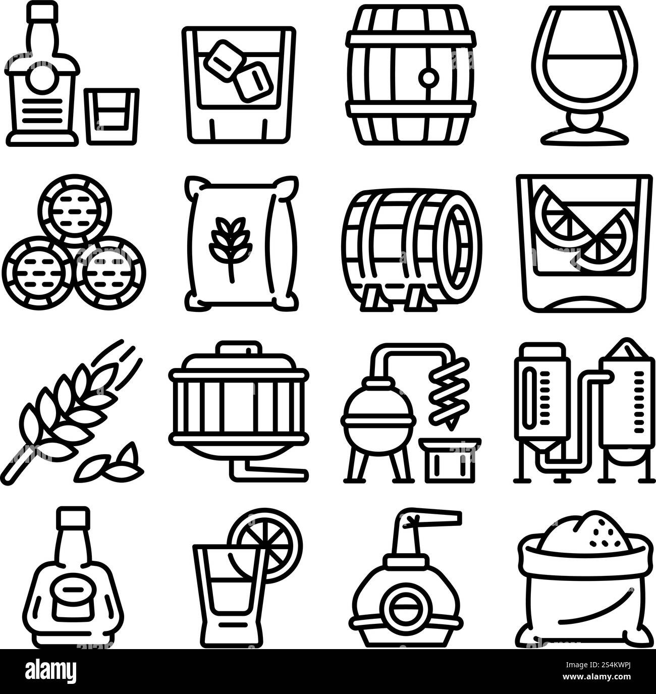 Set di icone del whisky. Contorno delle icone vettoriali del whisky per il web design isolate su sfondo bianco. Set di icone del whisky, stile del contorno Illustrazione Vettoriale