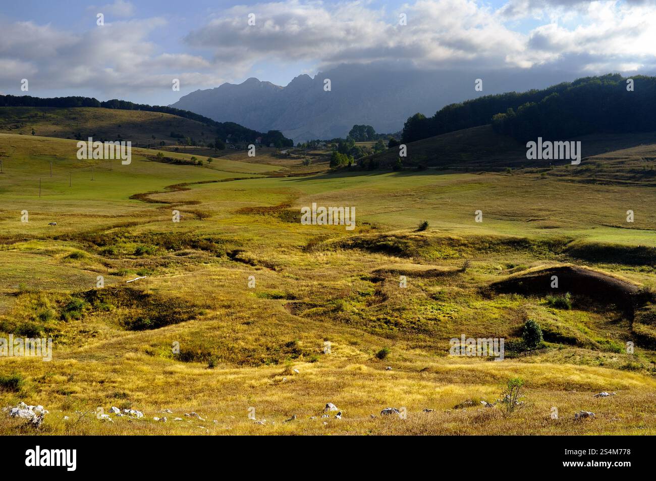 Prato di montagna nella campagna autunnale con ombre scure, passo Cemerno 1.301 m, Gacko, Bosnia ed Erzegovina Foto Stock