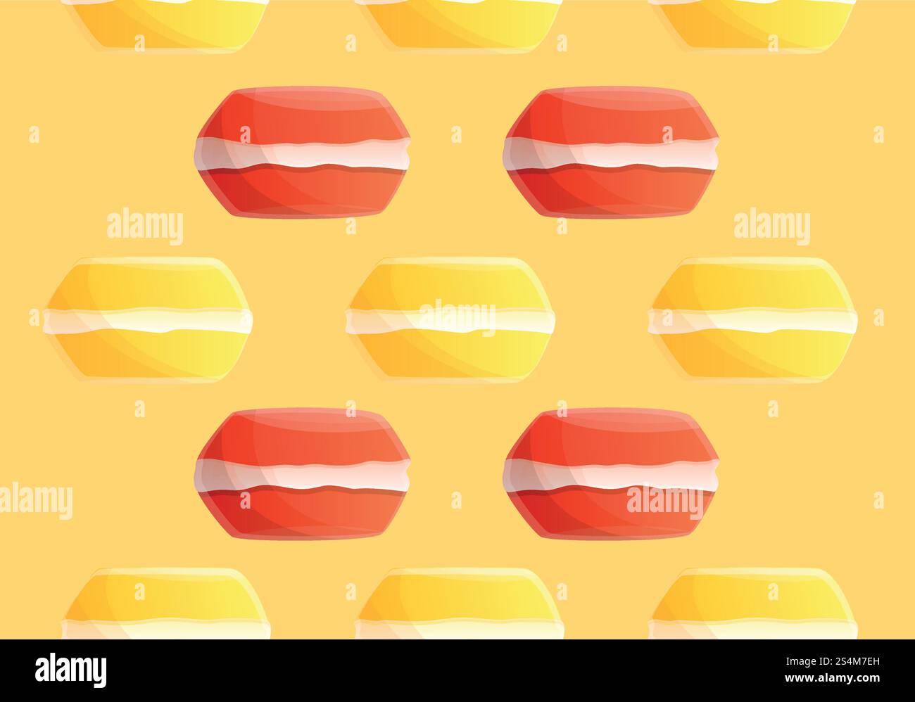 Motivo macaroon giallo rosso. Illustrazione a cartoni animati del motivo vettoriale rosso-giallo macaroon per il web design. Motivo di macaroon giallo rosso, stile cartoni animati Illustrazione Vettoriale