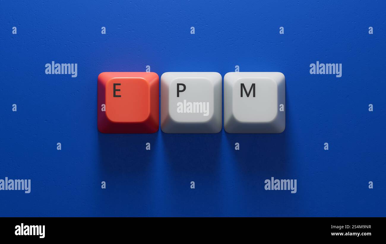Registrazione epm sui tasti della tastiera del computer e lente di ingrandimento.primo piano dei tasti della tastiera del computer, concetto aziendale.rendering 3D su sfondo blu. Foto Stock