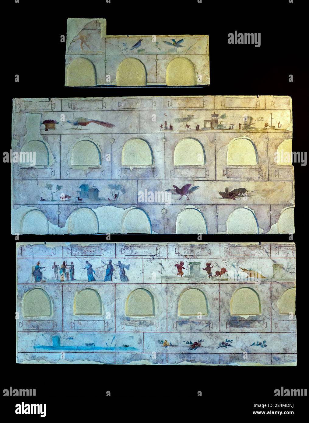 Affreschi del grande Columbarium di Villa Pamphili - nelle lunghe mura del primo secolo d.C. edificio sepolcrale, scene paesaggistiche si alternano a nicchie di sepoltura per urne cinerarie e iscrizioni con i nomi dei defunti - Museo Nazionale Romano di Palazzo massimo alle Terme - Roma, Italia Foto Stock