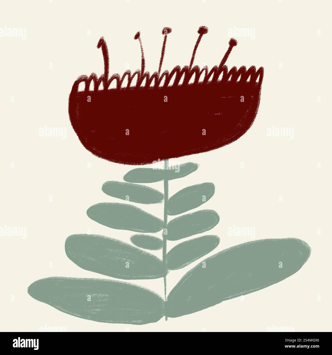 Illustrazione minimalista e artistica di un fiore rosso stilizzato con stelo verde e frondoso su sfondo neutro, perfetta per i temi primaverili. Foto Stock