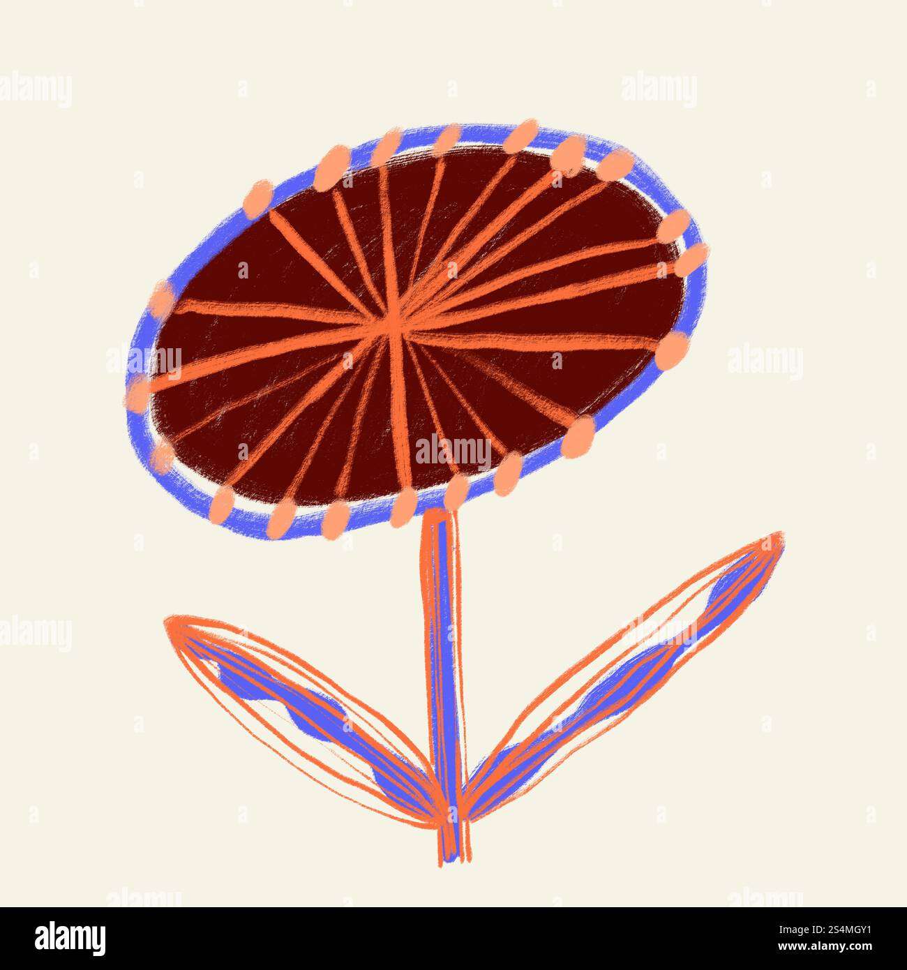 Questa illustrazione artistica mostra un vivace fiore stilizzato con grandi petali in rosso e blu, evidenziati da delicati dettagli pastello, che evocano la figura Foto Stock