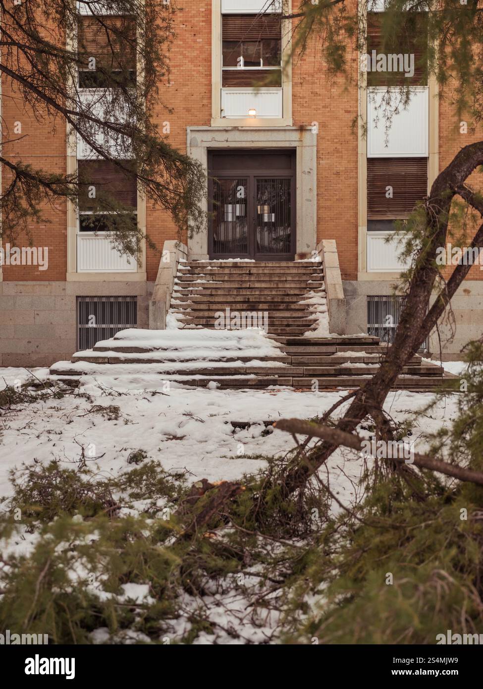 Una tranquilla scena innevata all'ingresso di un edificio in mattoni con scalini parzialmente coperti dalla neve e un ramo caduto in primo piano. Foto Stock