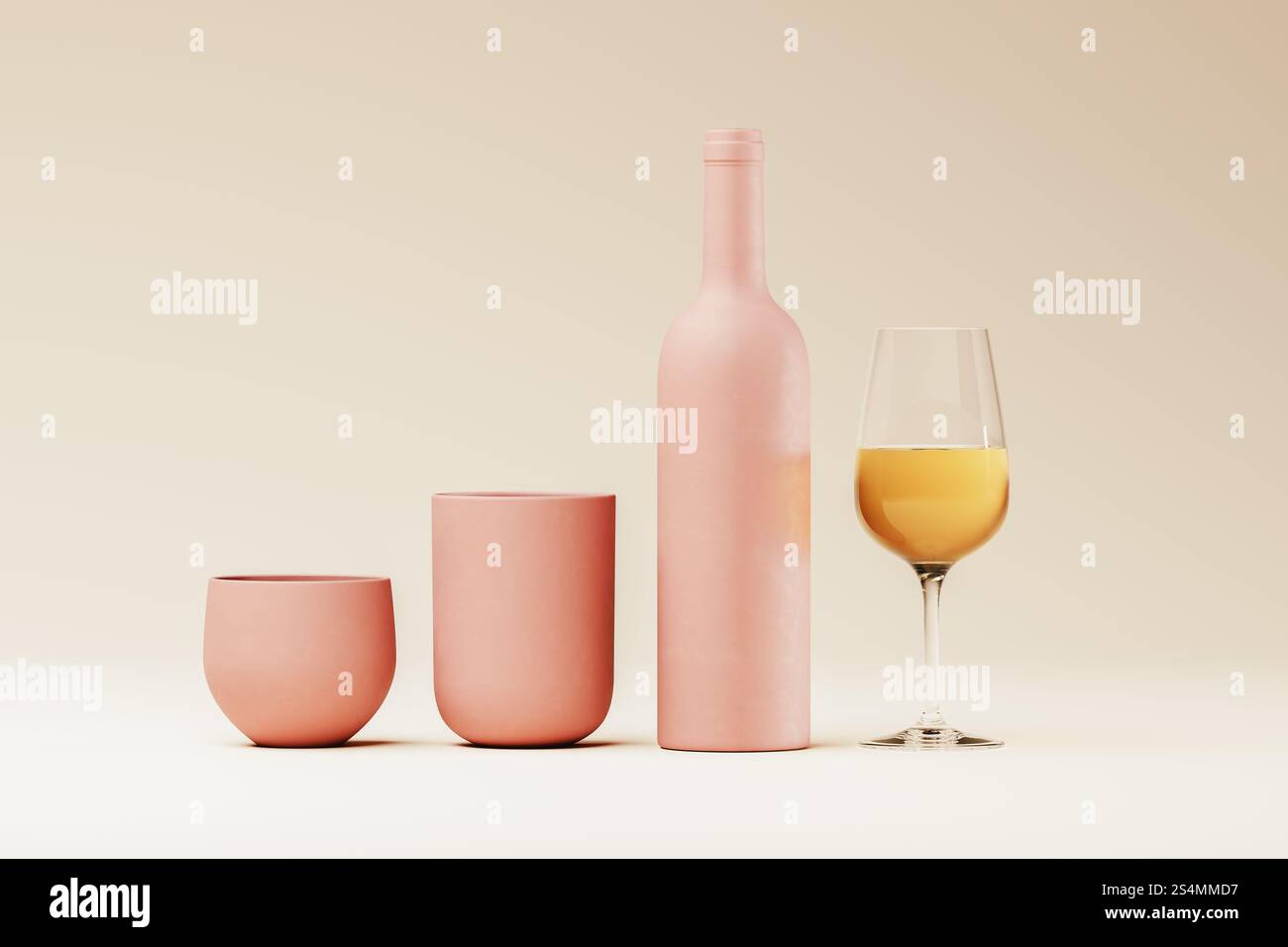 Un elegante espositore presenta una bottiglia rosa e due tazze abbinate insieme a un bicchiere da vino trasparente riempito con un liquido leggermente dorato. Lo sfondo morbido enh Foto Stock