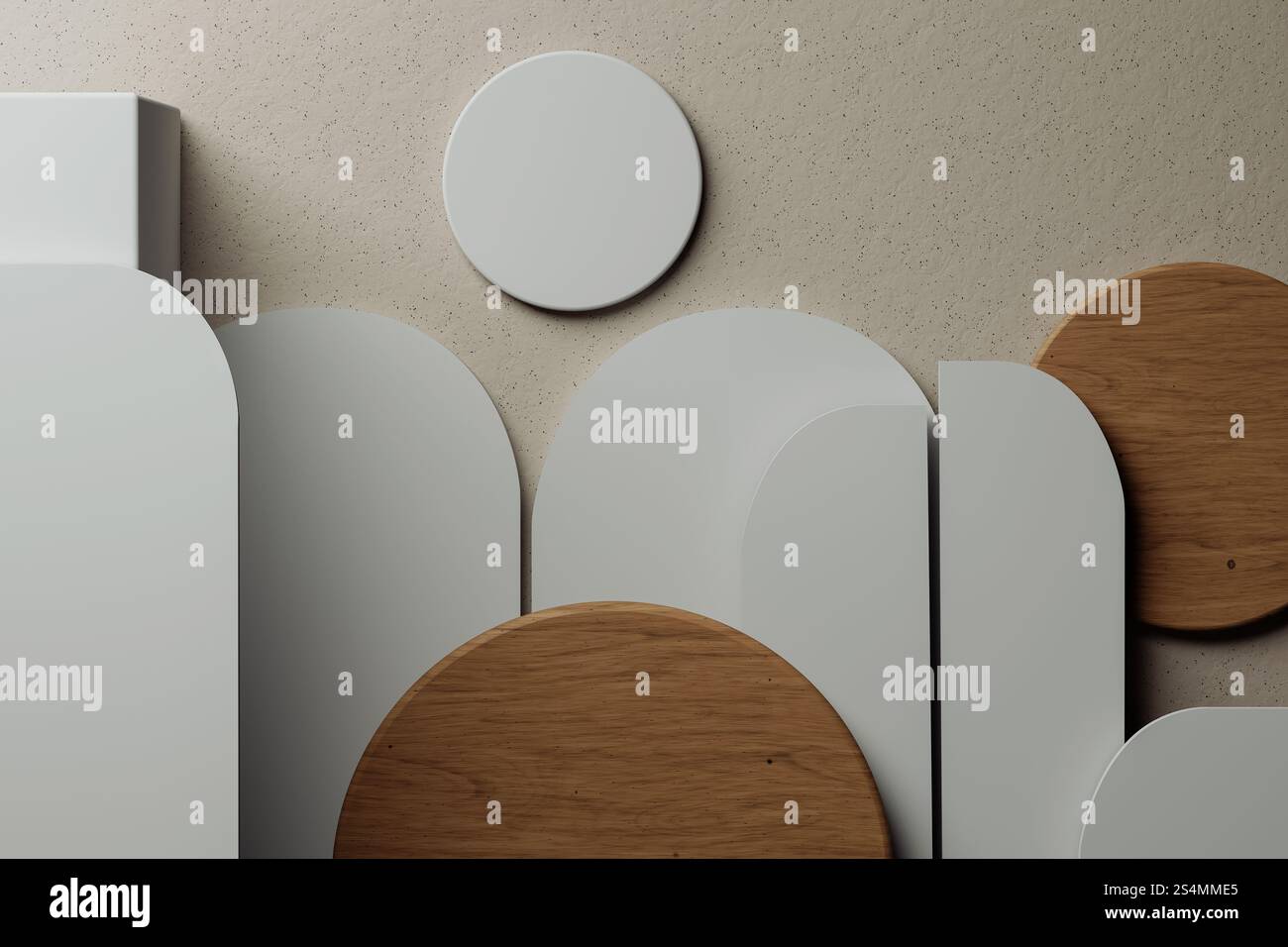 Questa opera d'arte mostra una disposizione di forme geometriche, con curve bianche lisce ed elementi circolari mescolati a pezzi di legno. Il design Foto Stock