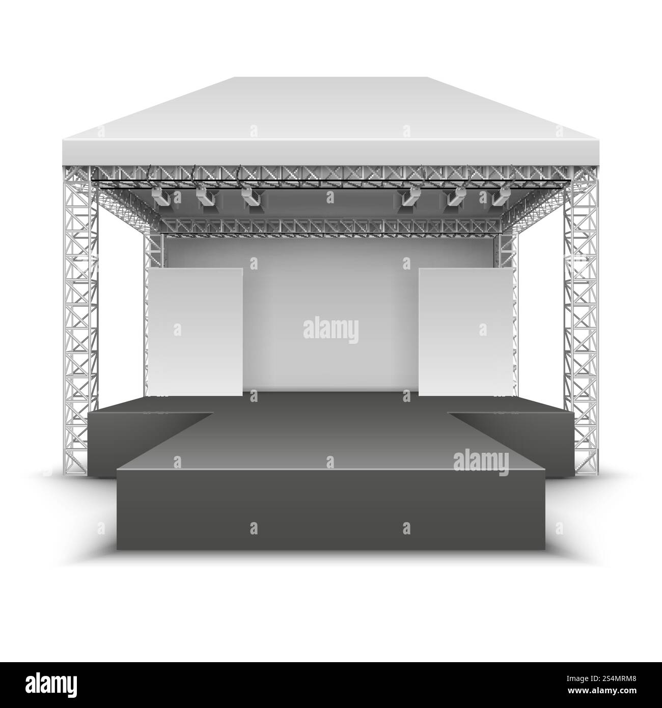 Palcoscenico di festival musicale all'aperto. Scena di concerti rock con faretti, illustrazione vettoriale isolata. Palco per festival all'aperto, concerti ed eventi. Palcoscenico di festival musicale all'aperto. Scena di concerti rock con faretti, illustrazione vettoriale isolata Illustrazione Vettoriale