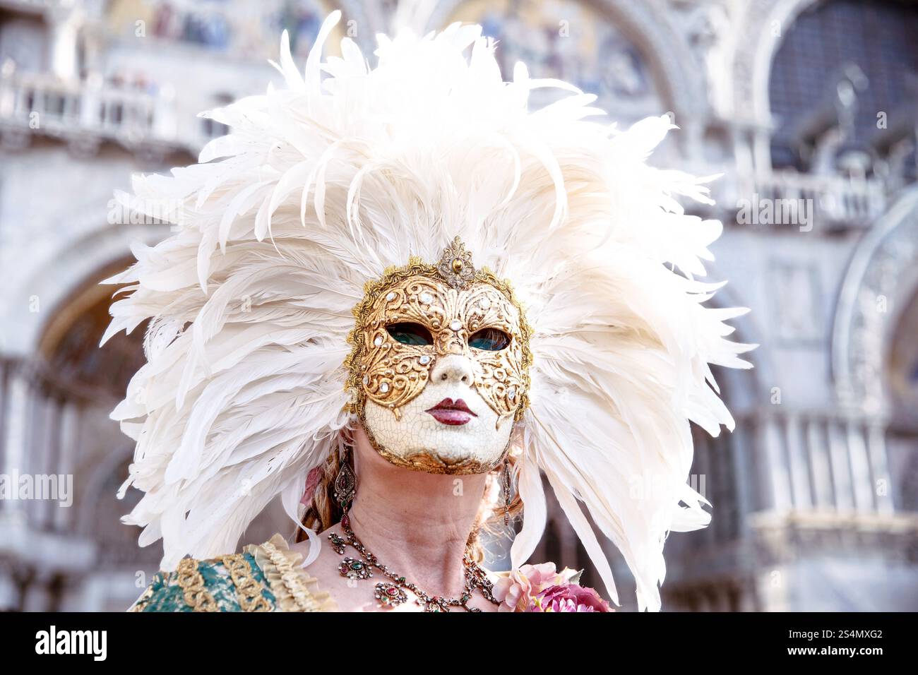 Adulto caucasico in maschera veneziana con piume al carnevale in esso Foto Stock