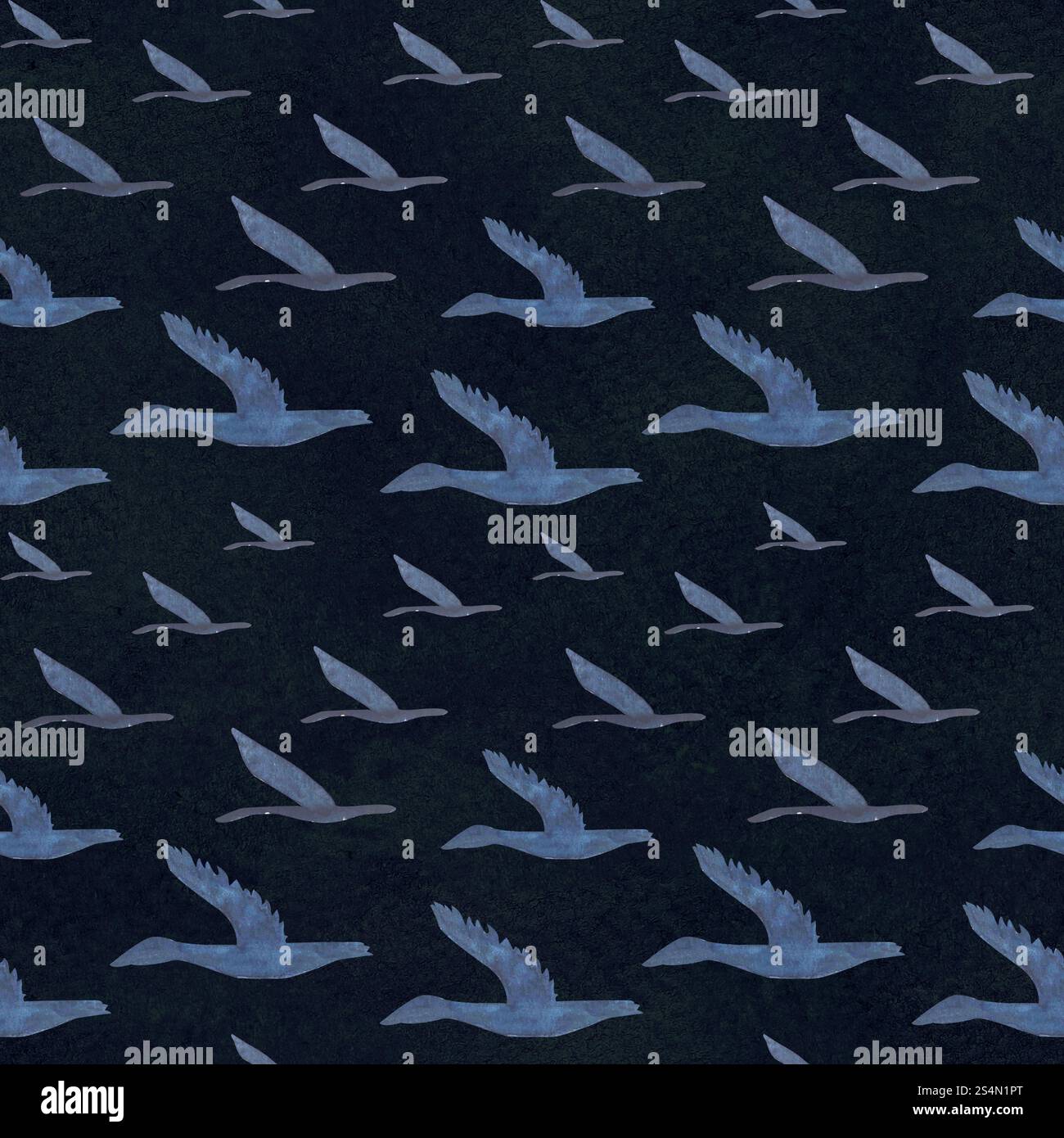Uccelli volanti, gees senza cuciture su sfondo blu scuro. Acquerello disegnato a mano di alta qualità semplice illustrazione piatta per paesaggi, scrapbooking Foto Stock