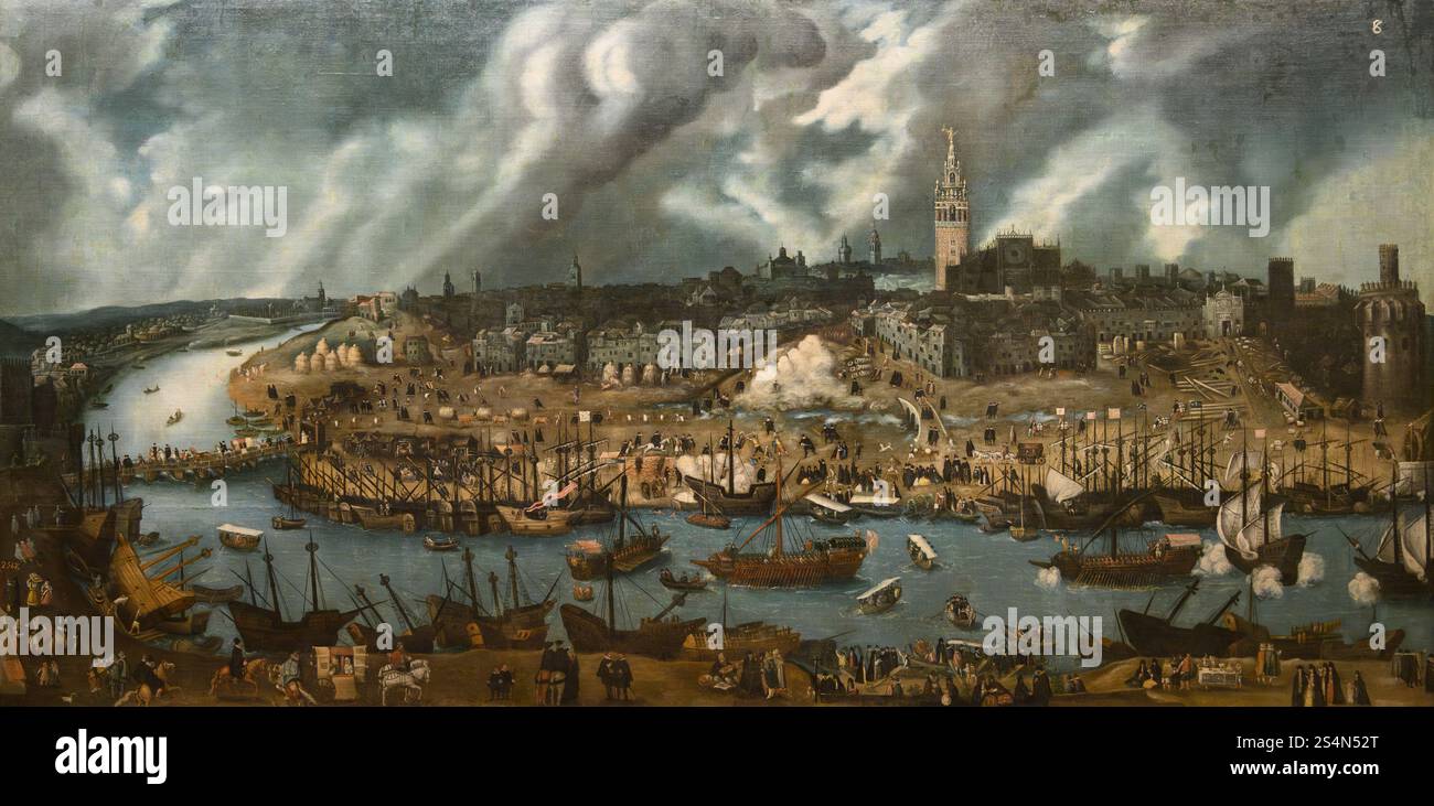 Attr. Alonso Sánchez Coello (ca. 1531-1588), Vista di Siviglia (Vista de Sevilla), fine XVI secolo. Museo de América (Museo delle Americhe), Madrid, Foto Stock
